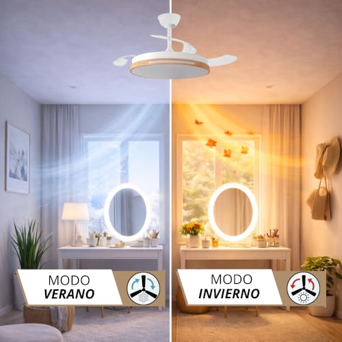 Detalle de NARVI Ventilador de Techo Blanco y Madera Haya Ø107 cm con Luz LED regulable y Mando a distancia – modelo 8936 WDN