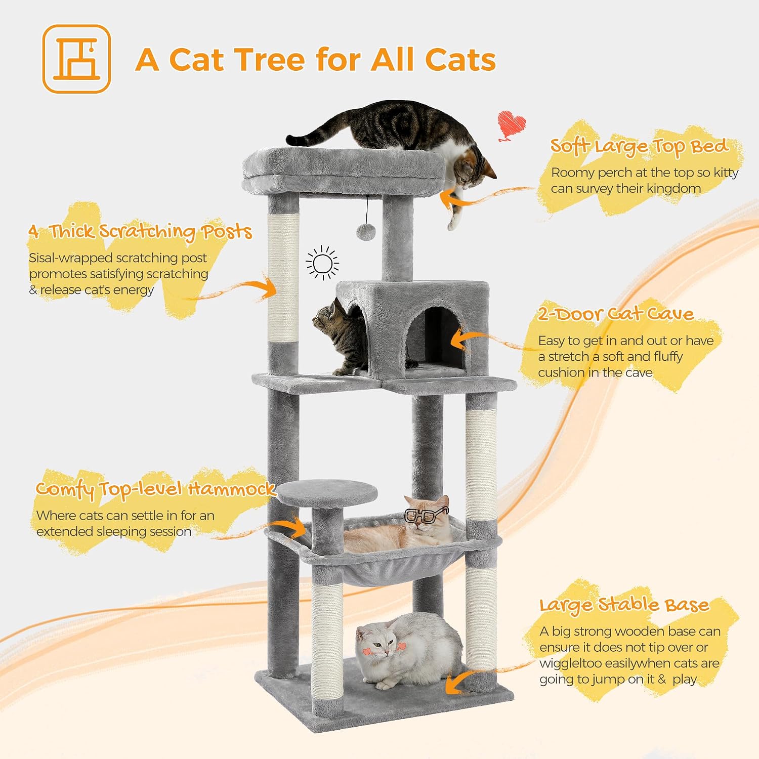 Detalle 2 de PAWZ Road Kratzbaum für große Katzen (143 cm) – stabiler Katzenturm mit Hängematte, Katzenhaus und 6 Ebenen, grau