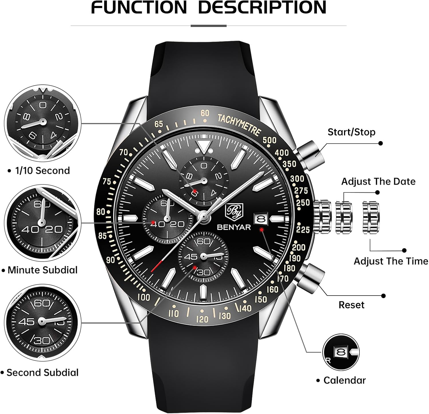 Thumbnail 5 de BY BENYAR Herrenuhr Chronograph Braun Leder