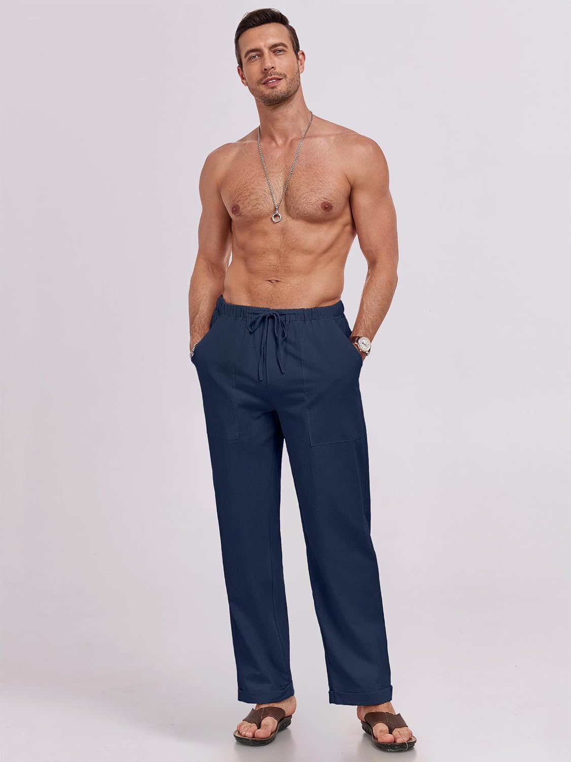 Detalle 2 de Puimentiua Leinenhose Herren – Lockerer Sommerlook aus Baumwolle/Leinen-Mischung