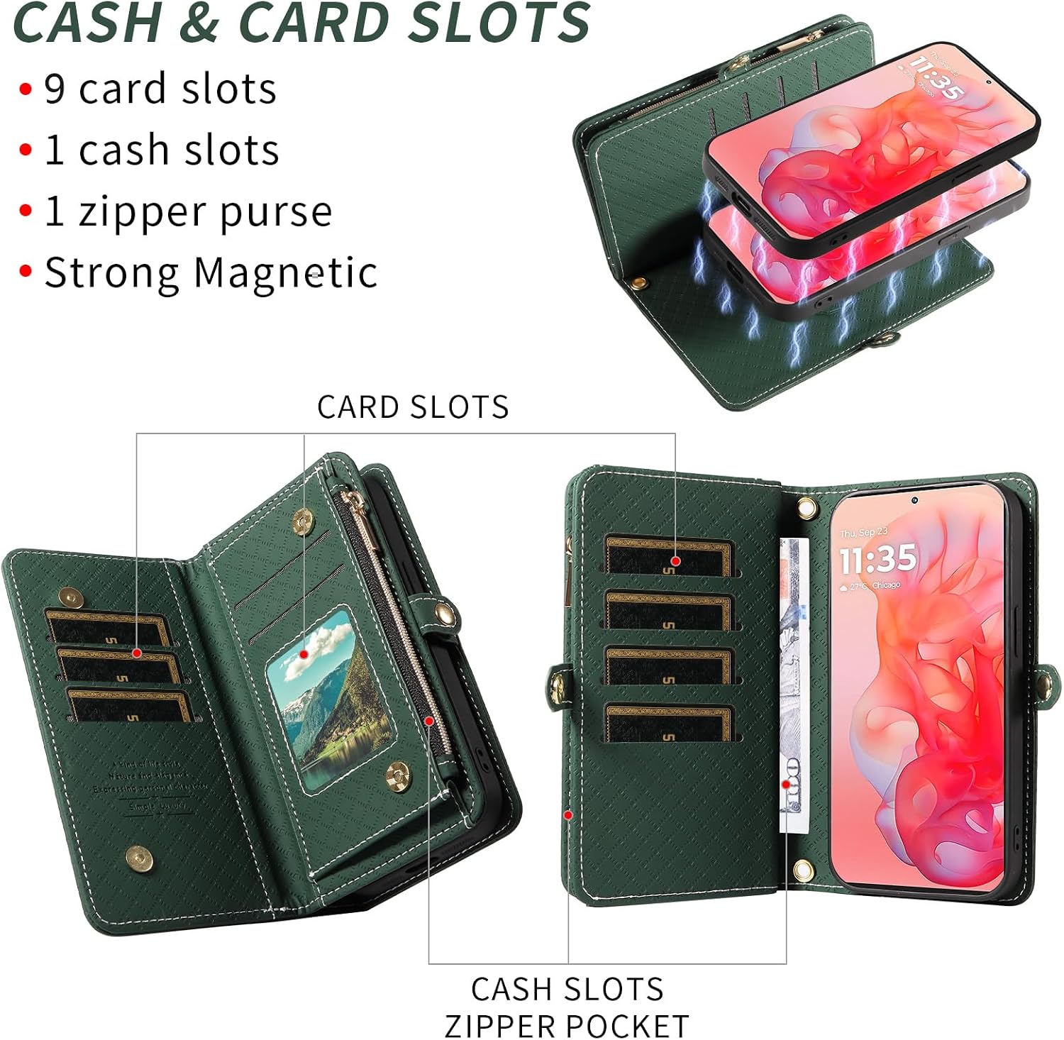 Detalle de Asuwish Zipper Wallet Case for Motorola Moto G Stylus 5G (2024), Green