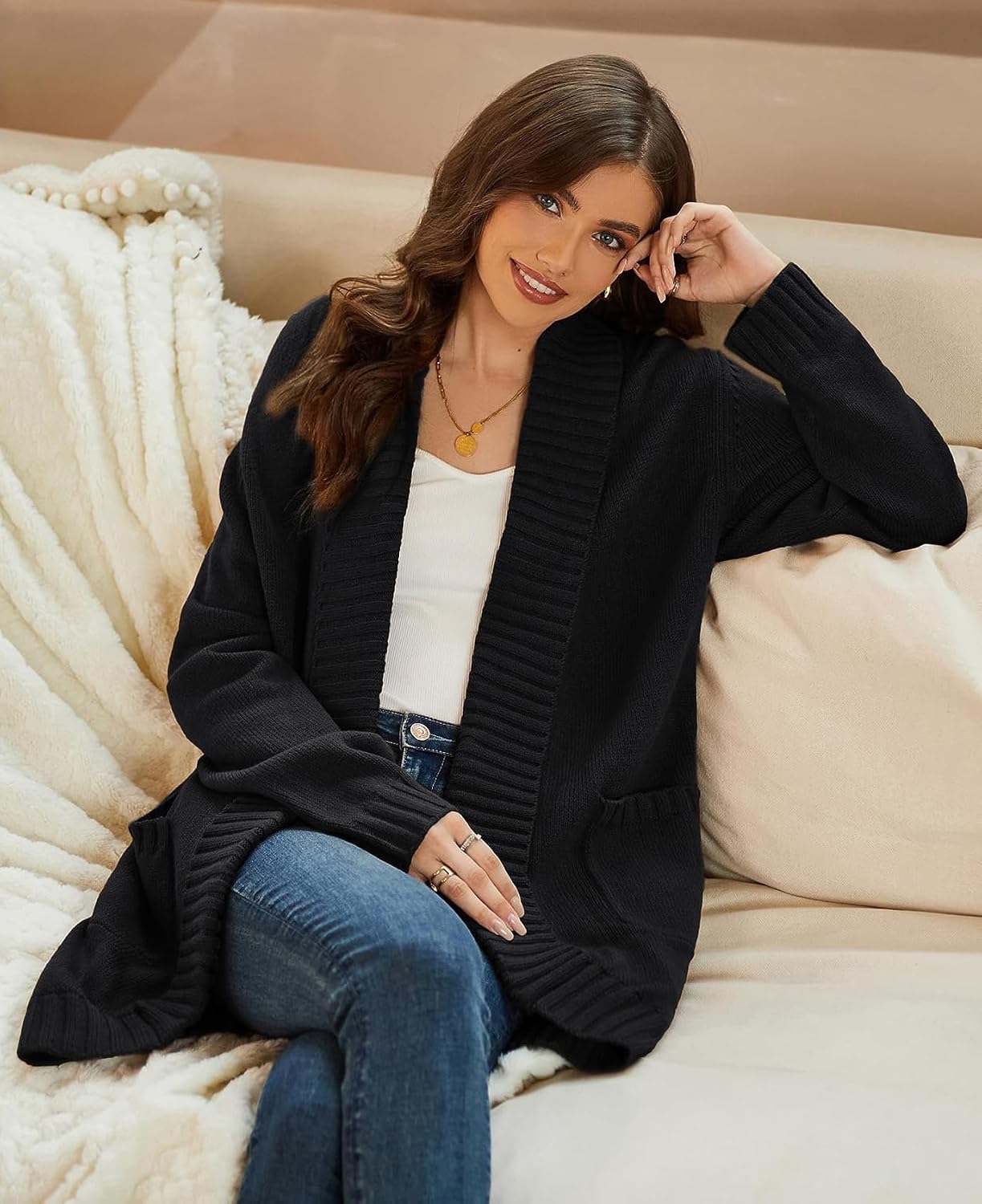 Detalle 2 de GRACE KARIN Long Sleeve Knit Cardigan with Curved Hem and Two Pockets