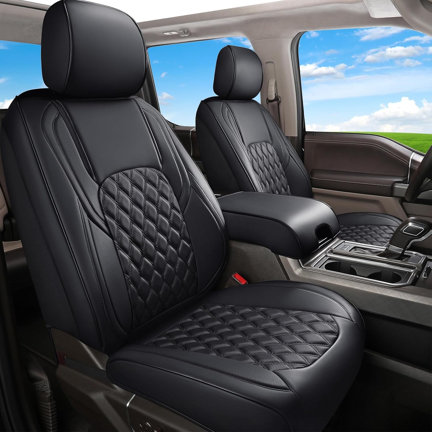 Detalle de Huidasource Faux Leather Seat Covers for 2015-2025 Ford F-150 SuperCrew & 2017-2025 F-250/F-350 Crew Cab (Full Set, Black)