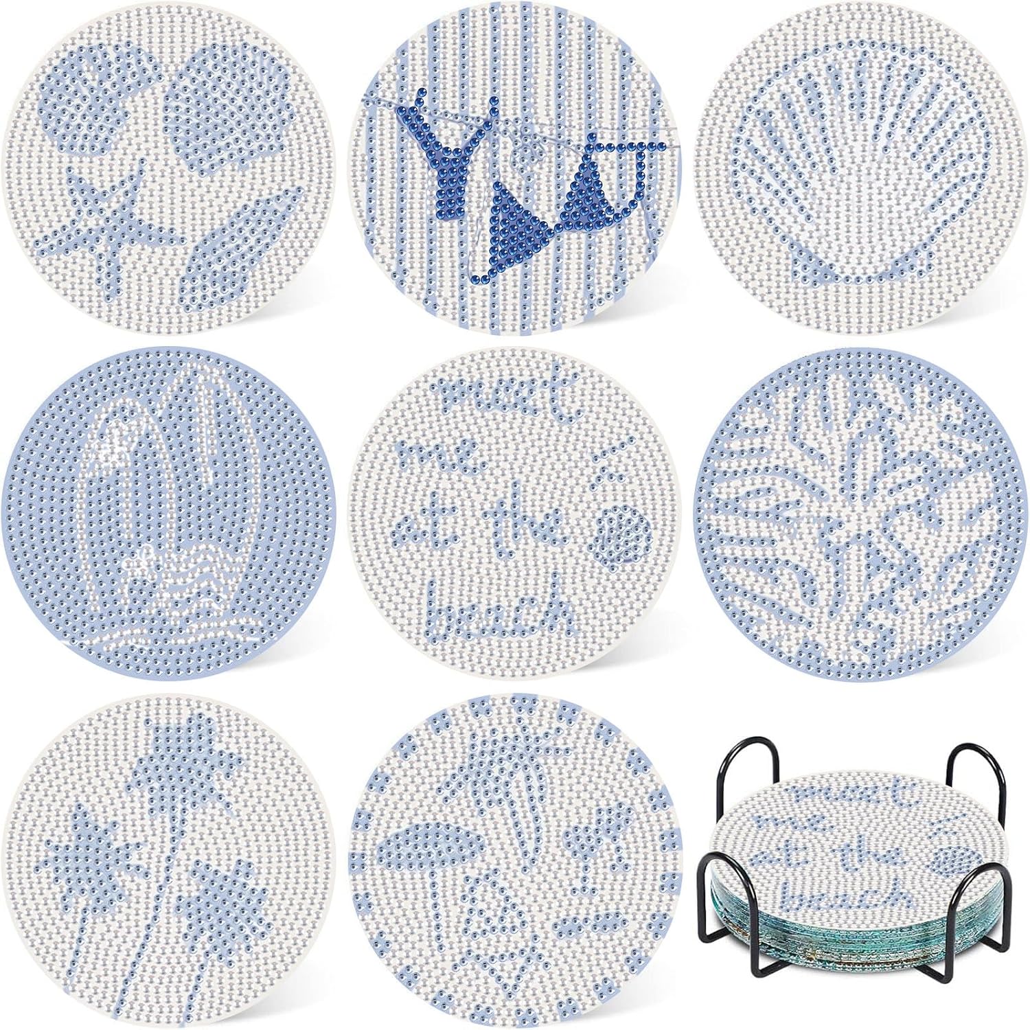 Detalle de HMZephitiquc Beach Diamond Art Coaster Kit, 8-Piece Set with Holder