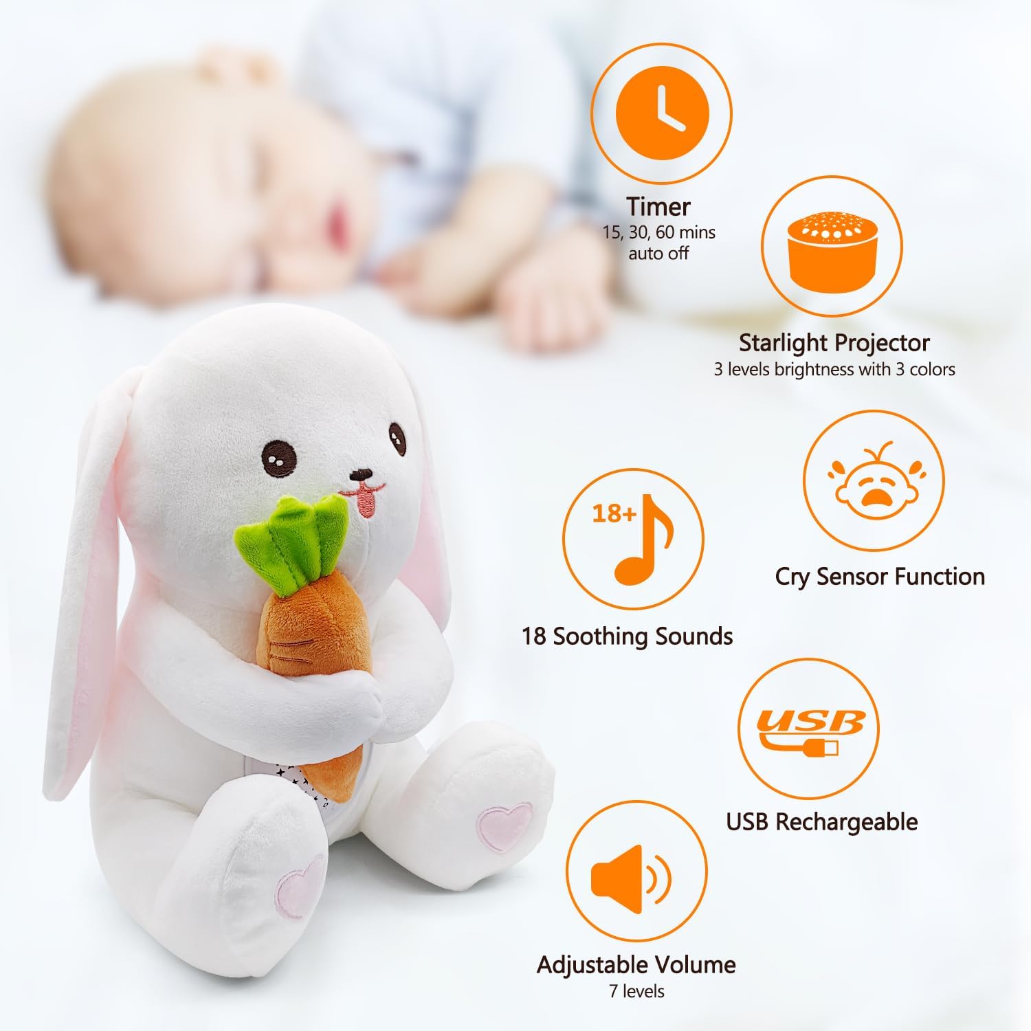 Detalle de APUNOL Peluche per la nanna con carillon, sensore di pianto e proiettore di stelle ricaricabile USB