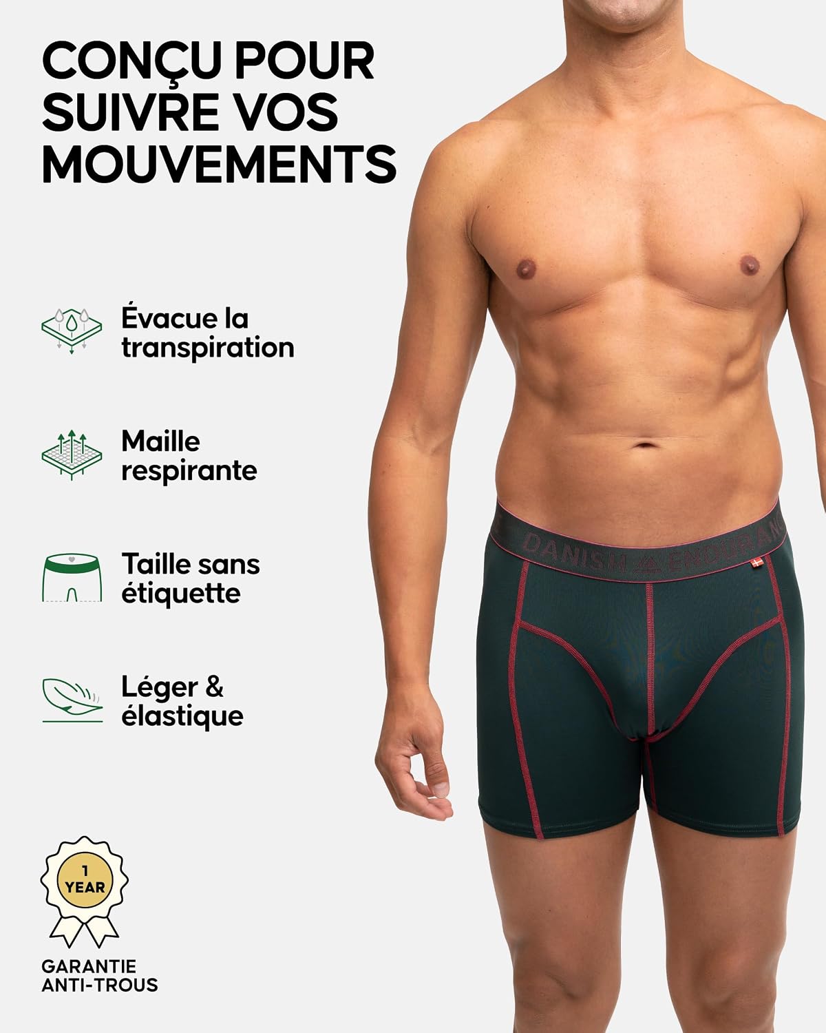 Detalle de DANISH ENDURANCE Boxers de Course pour Hommes — Lot de 6, anti-friction, respirants et confortables