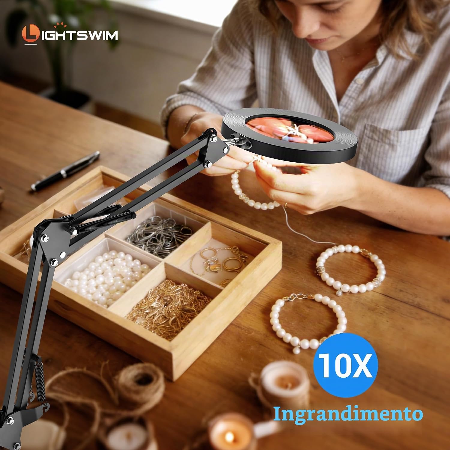 Detalle 2 de Lampada da scrivania con lente d'ingrandimento 10X a LED con morsetto e lenti 30X/45X