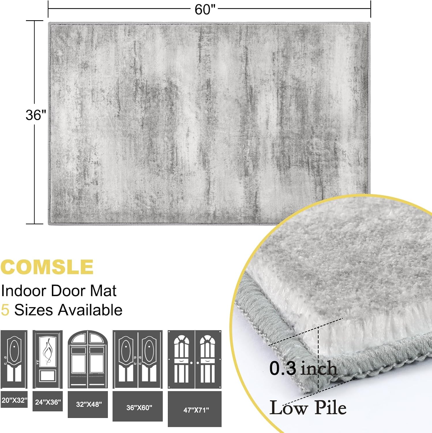 Detalle 2 de COMSLE Door Mat Indoor Entryway Rug, 36 x 60 in Gray Faux Wool