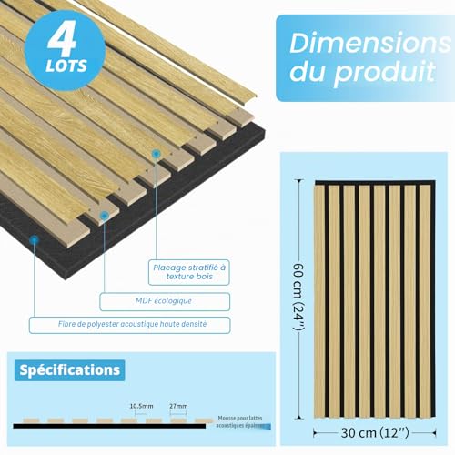 Detalle de Art3d Lot de 4 Panneaux Muraux Acoustiques à Lattes en Bois