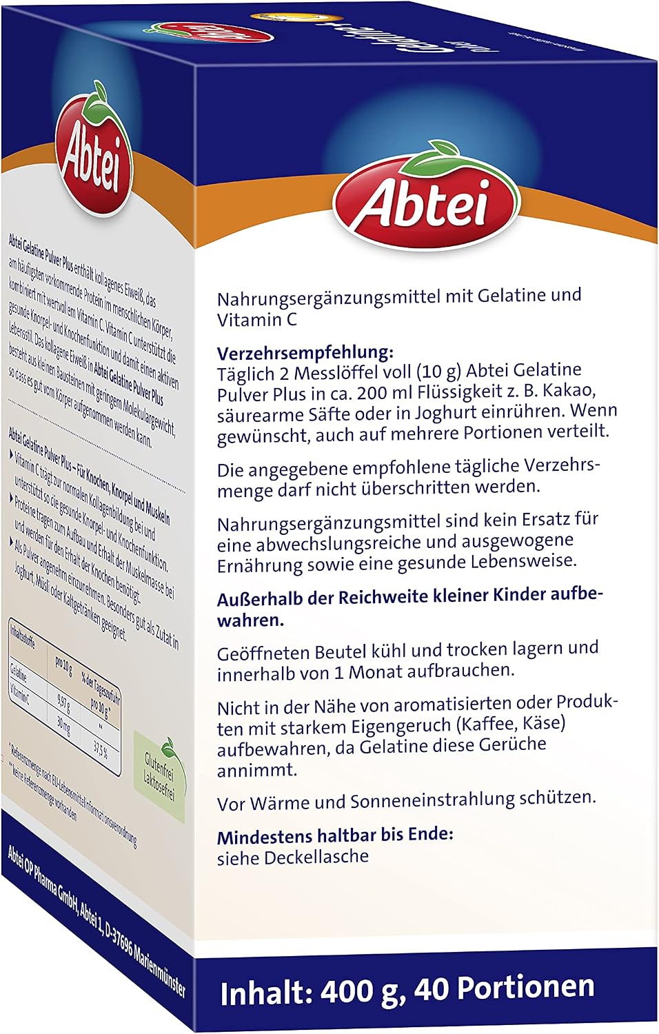 Detalle de Abtei Gelatine Pulver Plus – Reine Gelatine mit Vitamin C, 4 x 100 g Vorratspack (40 Portionen)