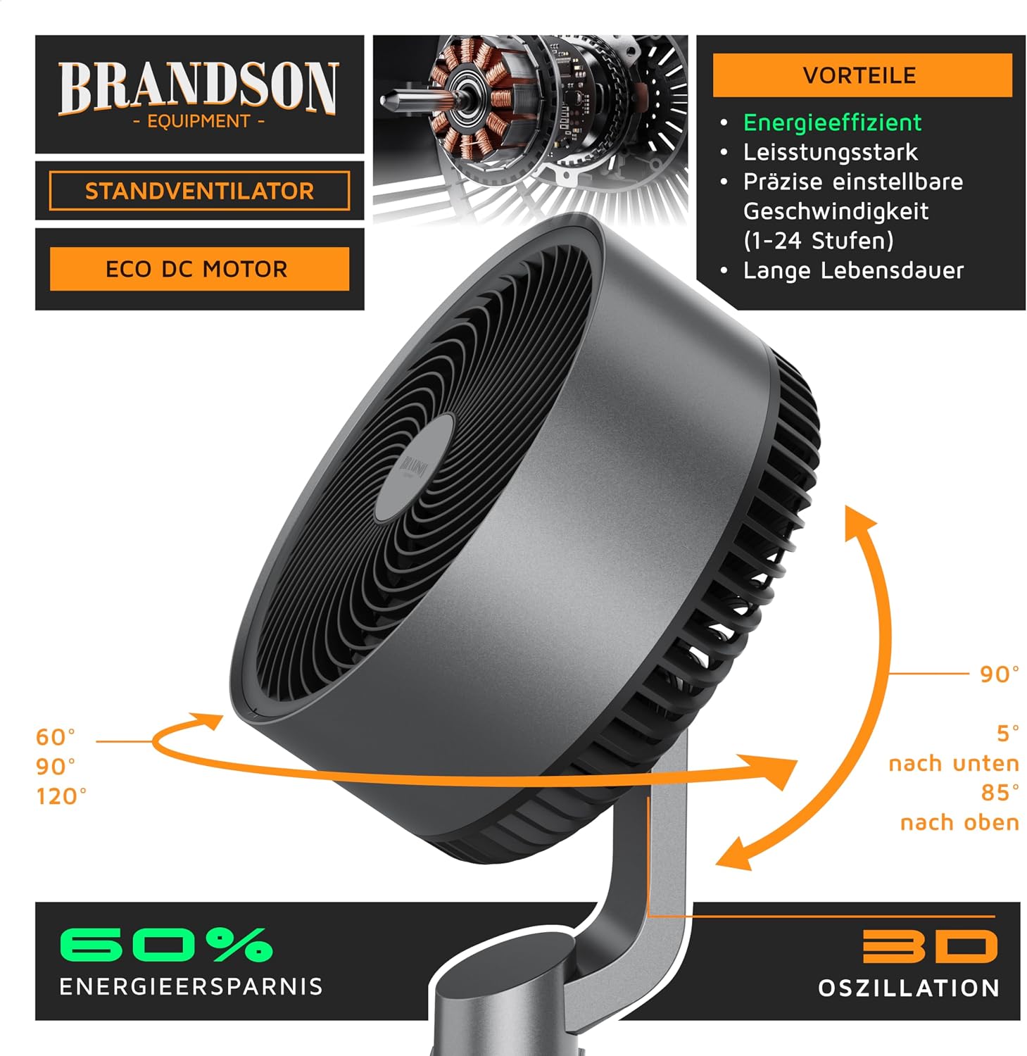 Detalle 2 de Brandson 3D Standventilator mit DC-Motor – leise, energiesparend und flexibel einstellbar