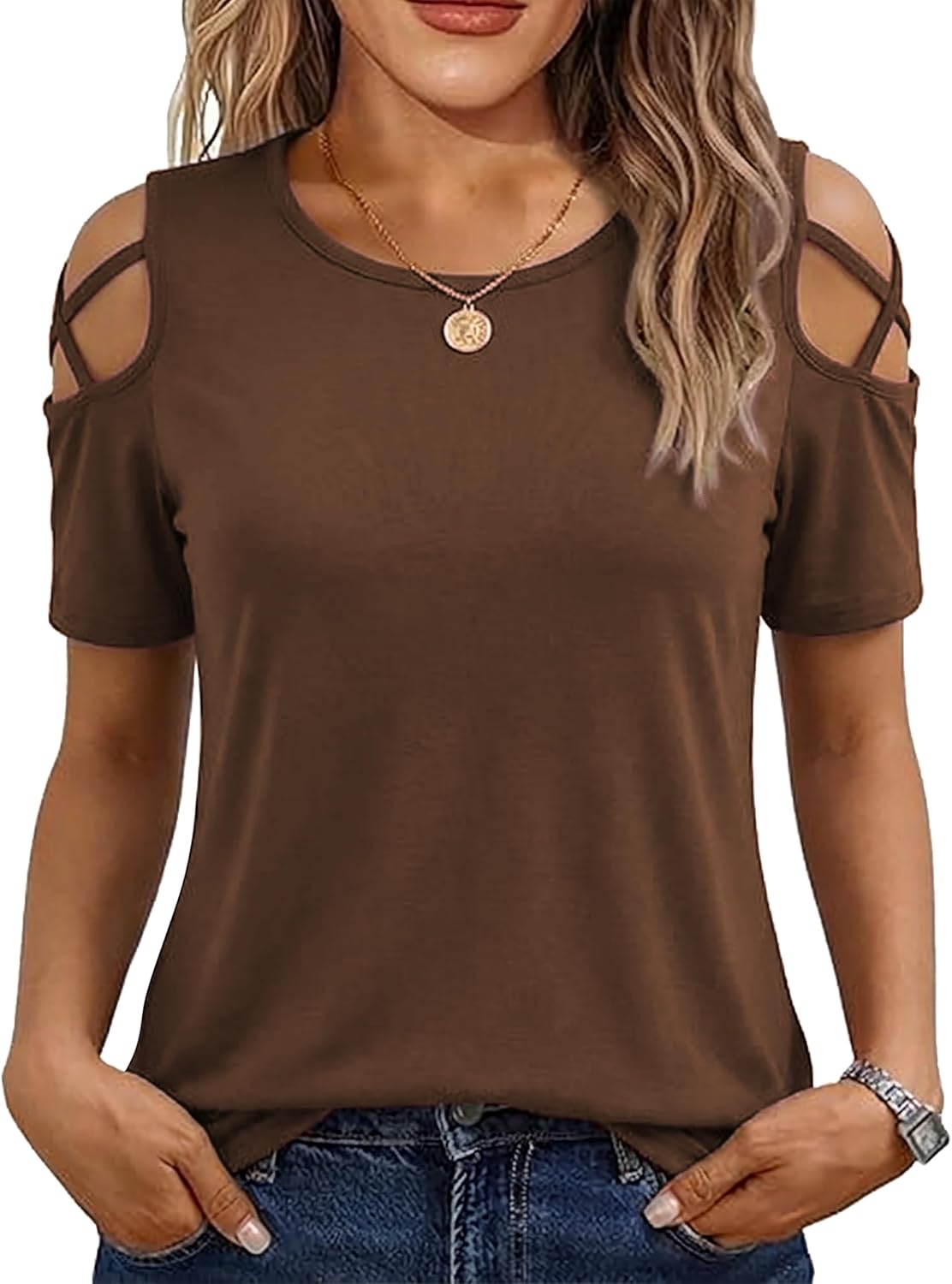 Thumbnail 6 de Jar of Love Women's Short Sleeve Cold Shoulder Top: Lightweight, Flowy Tunic for Everyday Wear