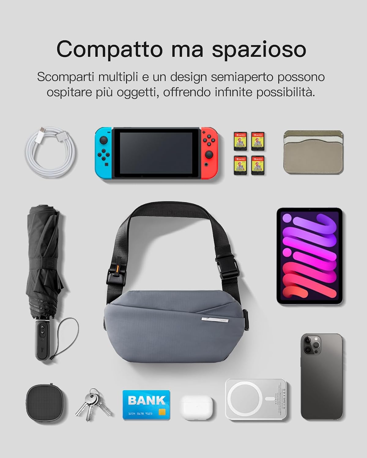Thumbnail 5 de Inateck Borsa a tracolla X da 4 L impermeabile con scomparto per elettronica, grigio scuro (L)