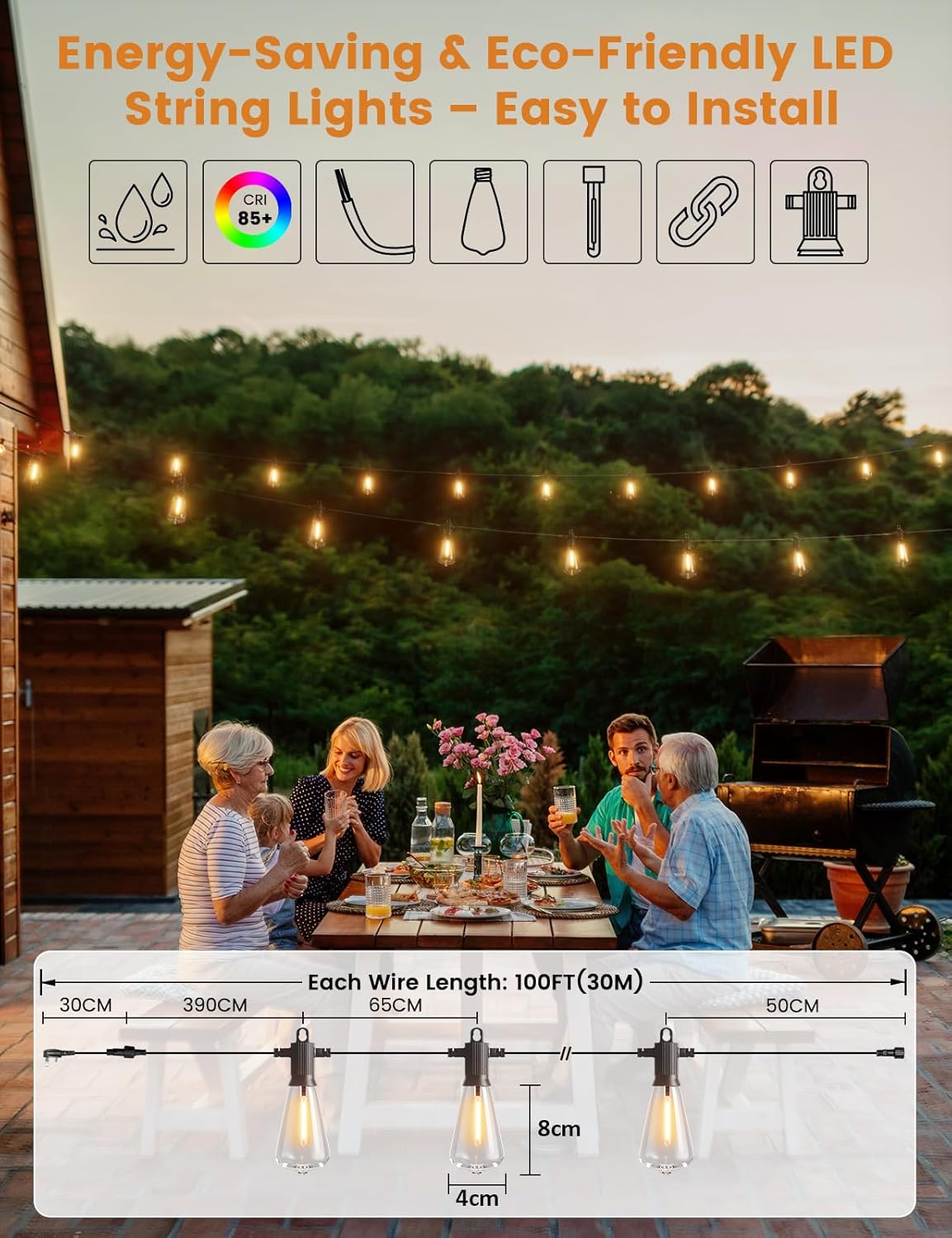 Thumbnail 5 de ZOTOYI Outdoor String Lights (mains powered) 30M with 40+2 vintage-style LED filaments, IP65 2700K