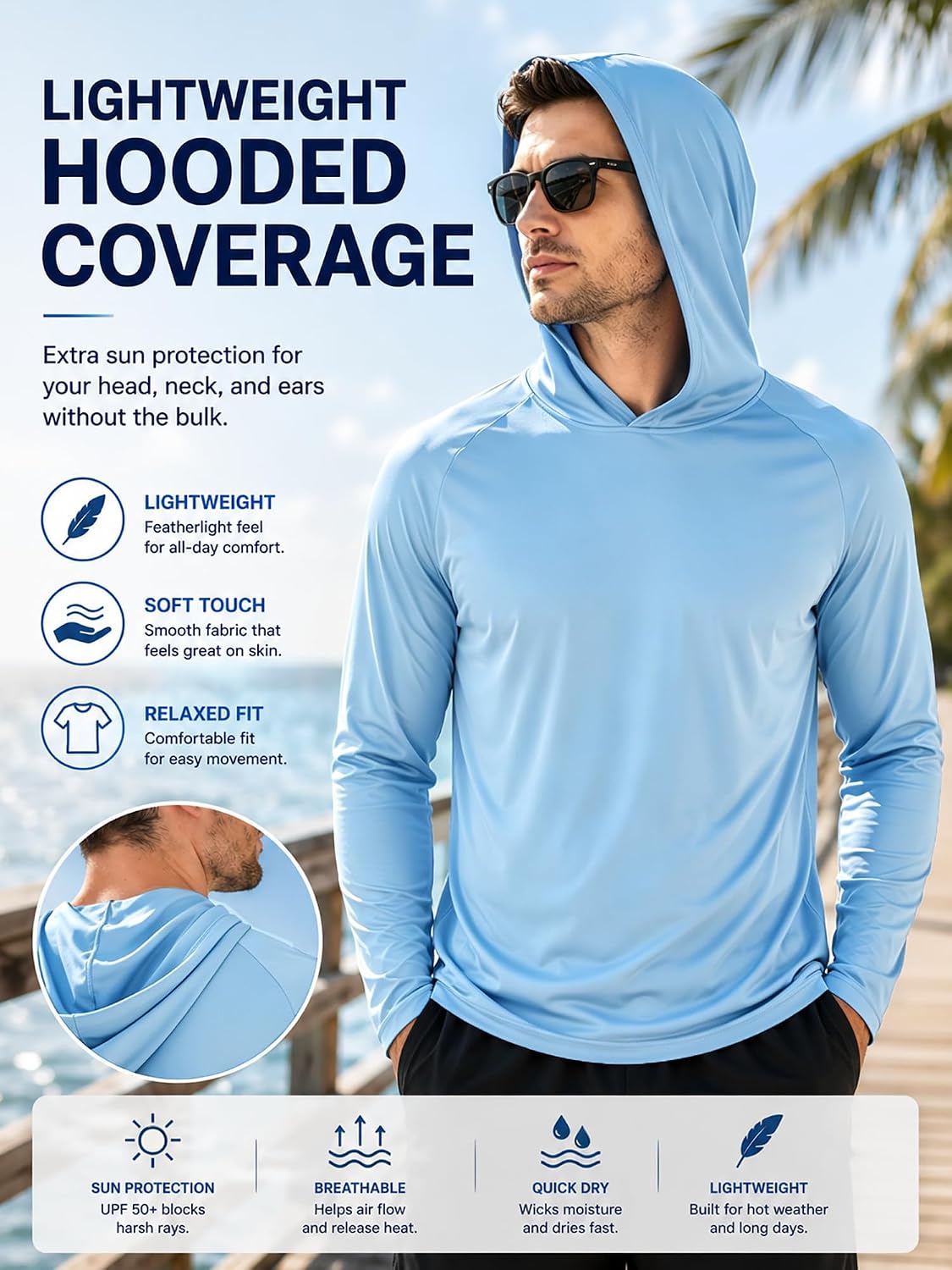 Detalle 2 de ZITY Men's Sun Protection Hoodie Shirt: 3-Pack UPF 50+ Lightweight Rash Guard