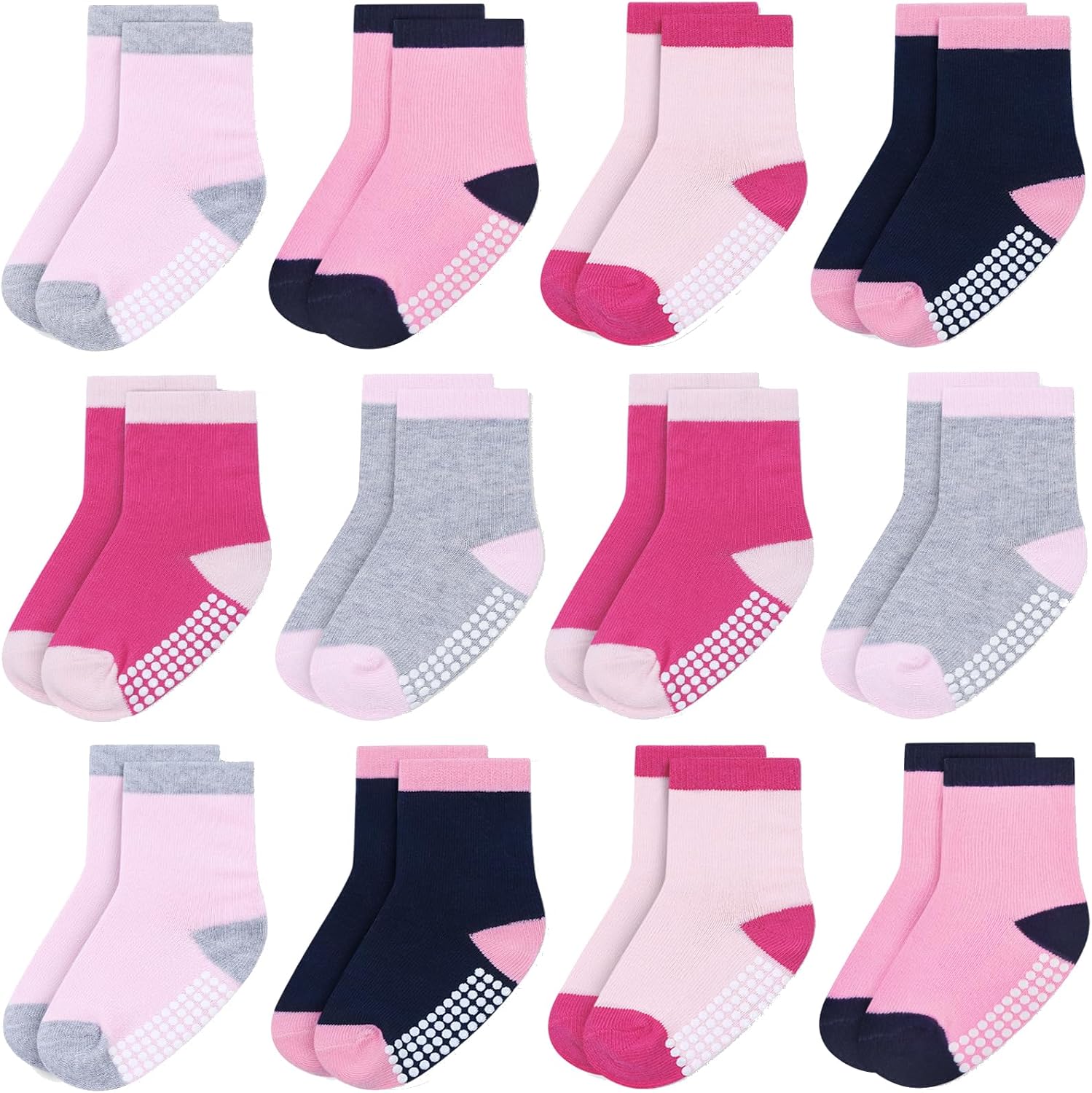 Detalle de JAKIDAR Baby Crew Socks, 12-Pack Cotton Stretch with Non-Slip Grips