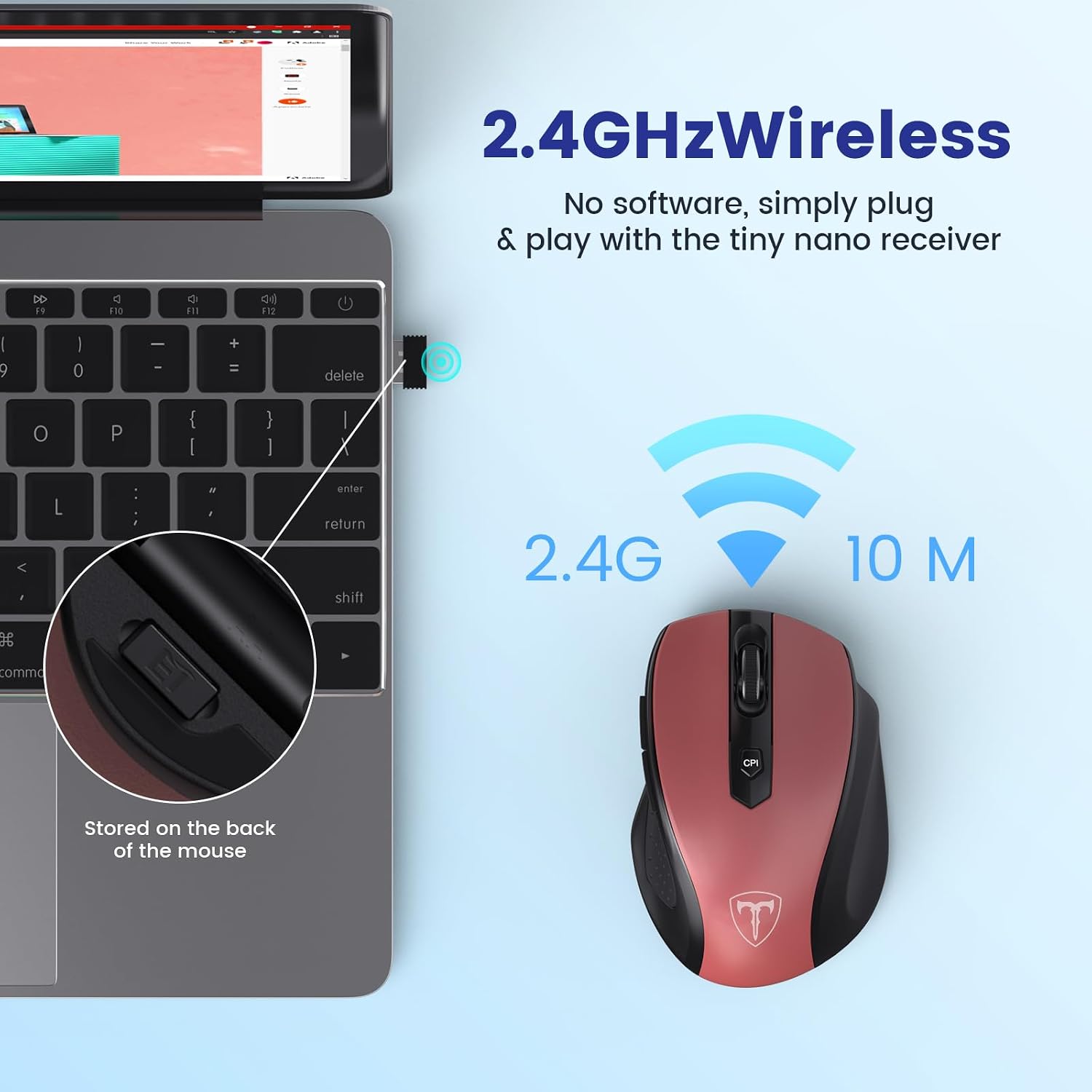 Detalle de LODVIE D-09 Wireless Mouse, Red, 6 Buttons, Adjustable 2400 DPI