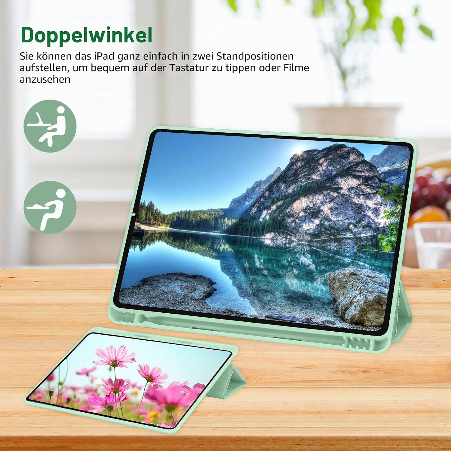 Detalle 2 de Palkitsee Hülle für iPad 10,2 Zoll (9.8./7. Gen) Grün Matcha – mit Stifthalter und Standfunktion