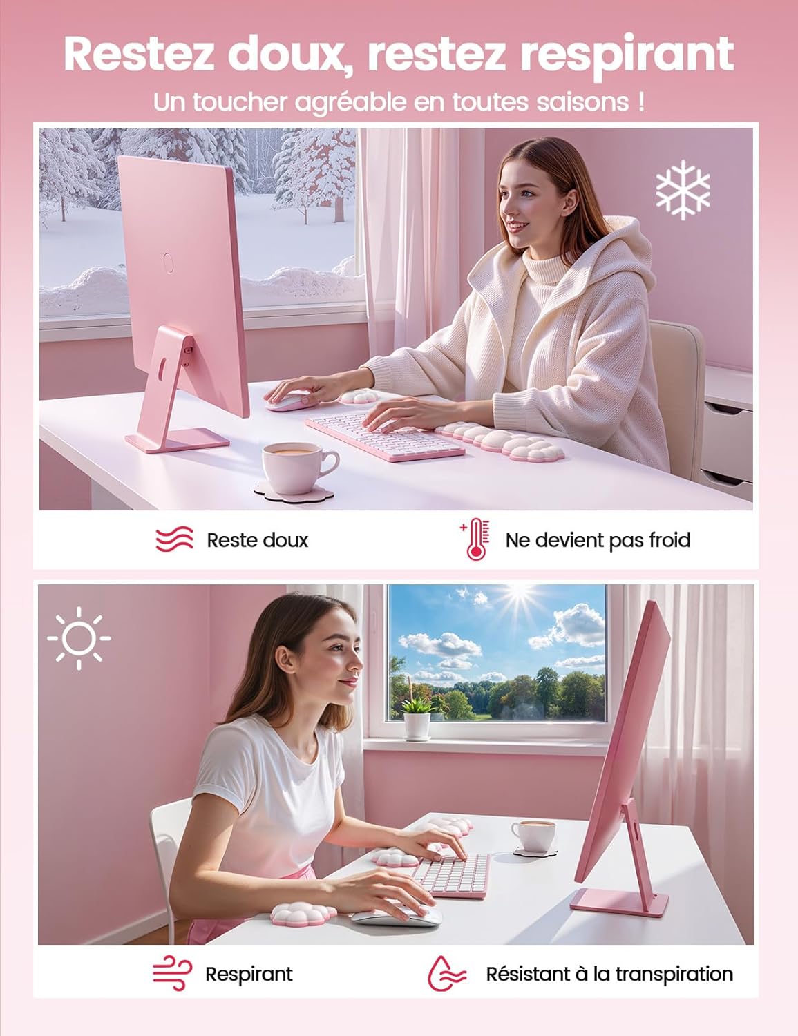 Detalle de VAYDEER Repose-poignet Nuage – coussin ergonomique en mousse à mémoire de forme bicolore blanc & rose