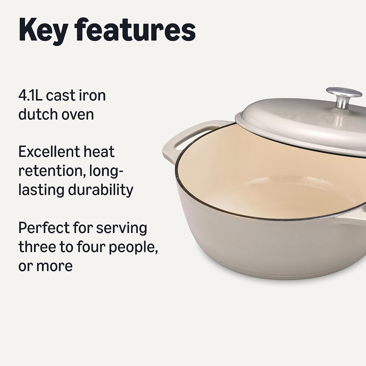 Detalle 2 de Amazon Basics Cast Iron Casserole Dish with Lid, Enamelled, Round, 4.1 L
