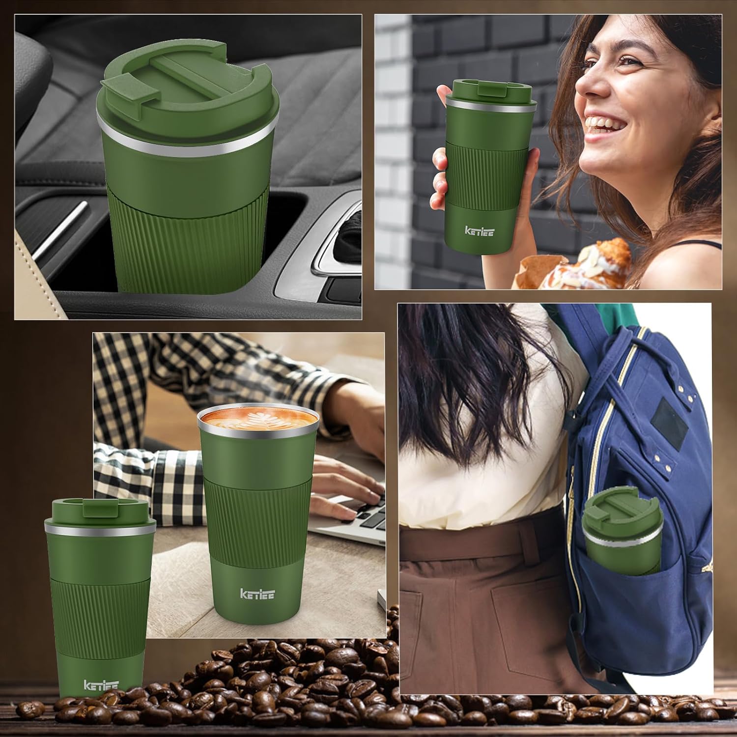 Thumbnail 4 de KETIEE Kaffeebecher to go (510 ml) – vakuumisolierter Thermobecher mit auslaufsicherem Deckel, olivgrün