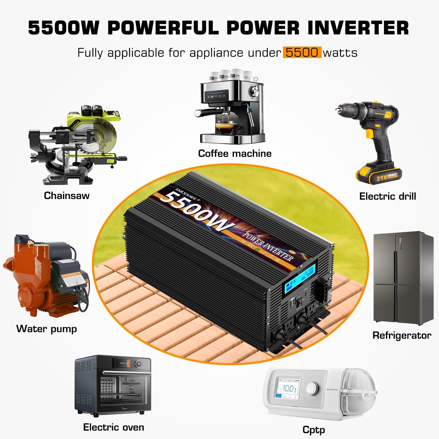Thumbnail 6 de 5500W 12V DC to 110/120V AC Inverter with LCD, Type-C, 3 Outlets, Dual USB, Remote