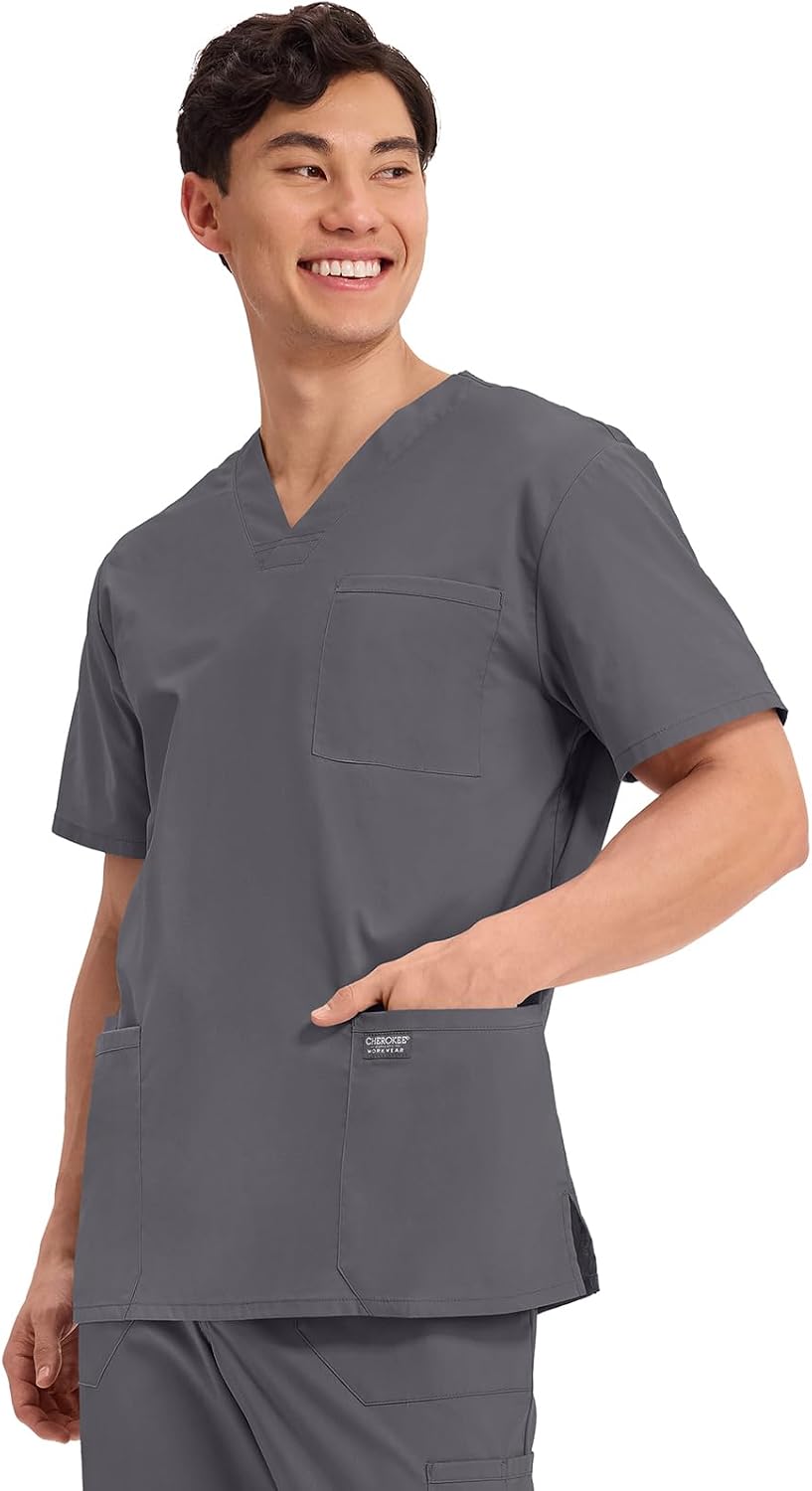 Detalle de Cherokee WW Professionals Men's V-Neck Scrub Top with Four Pockets