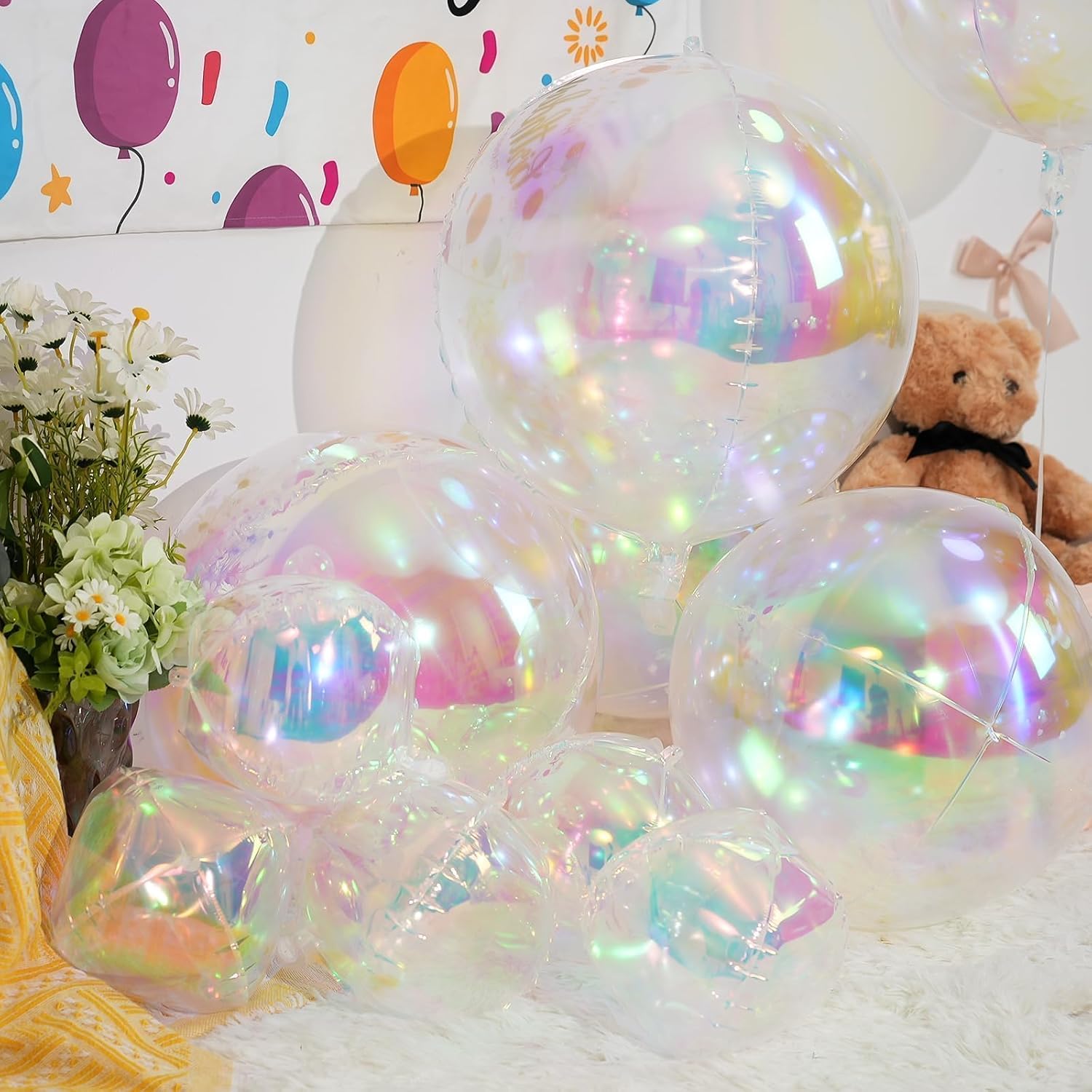 Thumbnail 6 de 12Pcs Iridescent Round Foil Balloons – 22", 15", 10" 4D Clear Balloons for Party Decor