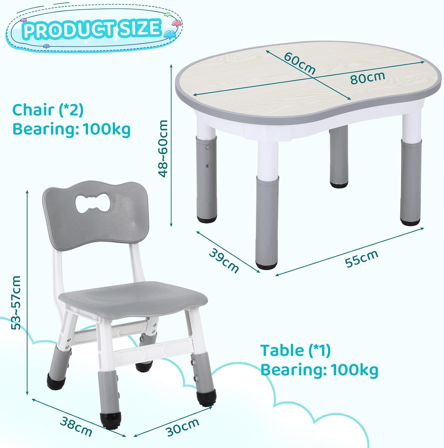 Detalle de Clevich Kids Table with 2 Chair Sets — Height Adjustable Peanut-Shaped Art Table for Ages 2–10