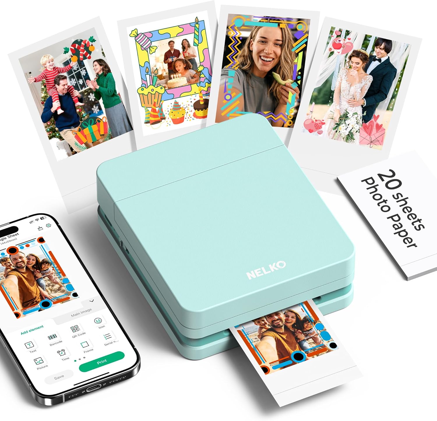 Detalle de Nelko Fotodrucker PP01 – Tragbarer Mini-Fotodrucker für Smartphone (Grün)