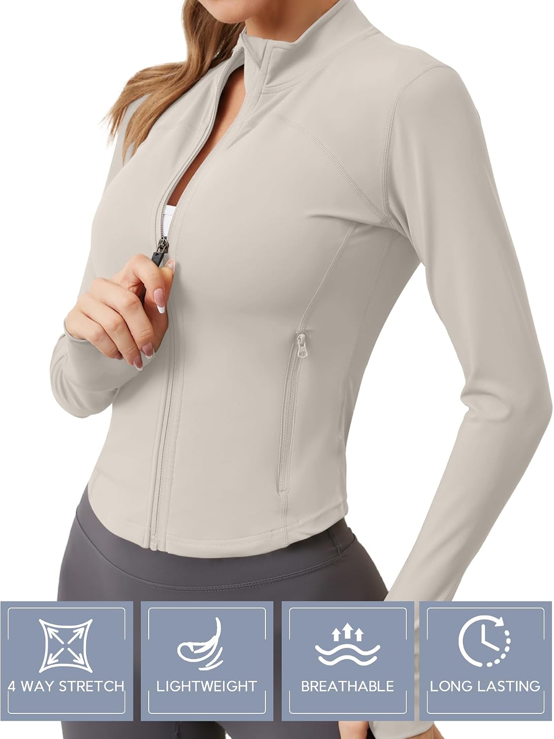Detalle 2 de IECCP Damen Langarm Sportjacke mit Daumenloch – leichte, atmungsaktive Trainingsjacke mit zwei Reißverschlussfächern