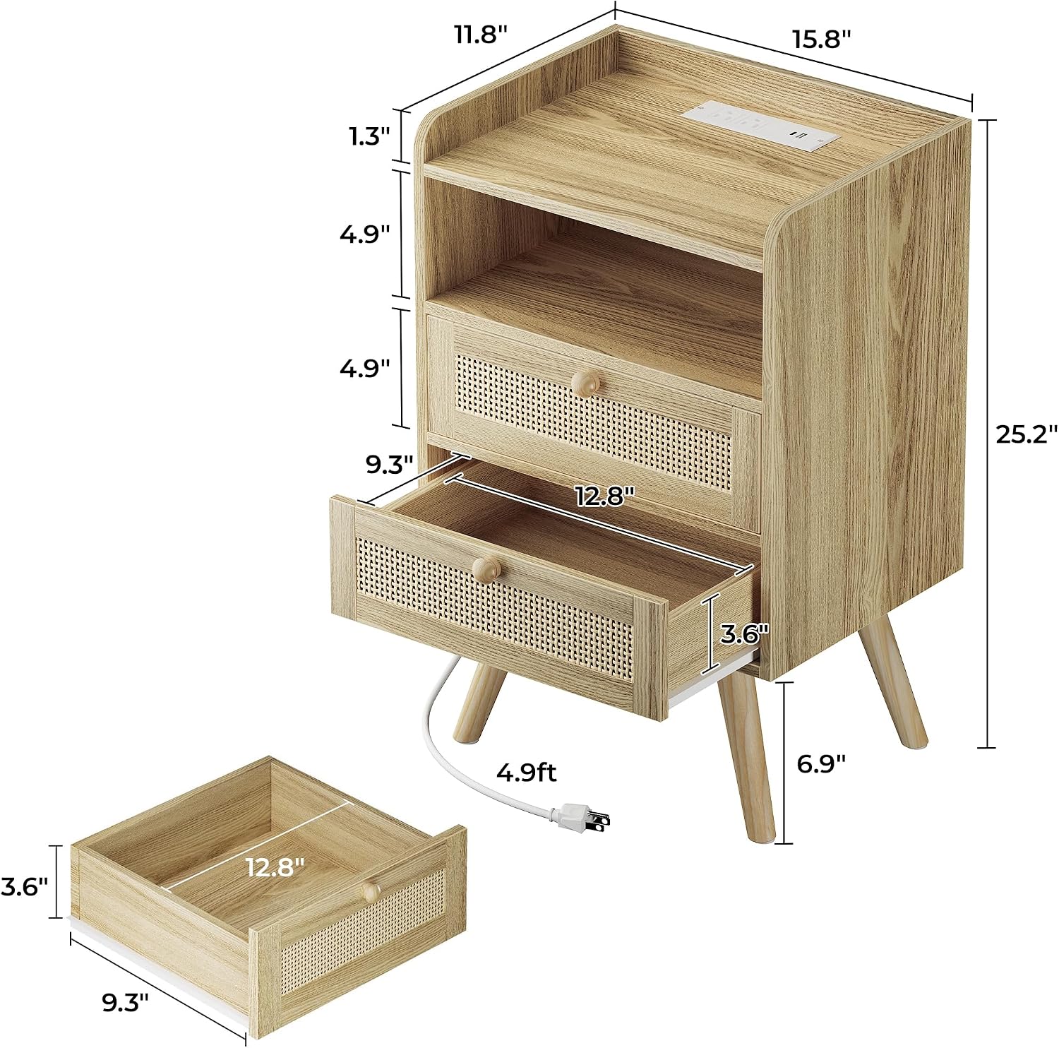 Detalle de SUPERJARE 2 Drawer Night Stand 25.2" with Charger