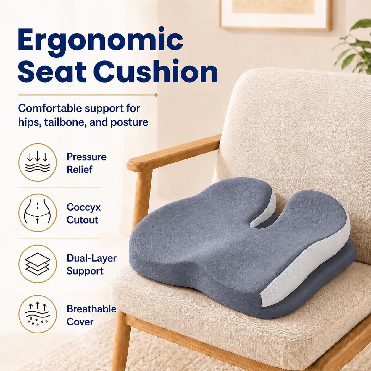 Detalle 2 de ZFUHWT Memory Foam Seat Cushion, 4.7-Inch Thick with Adjustable Straps