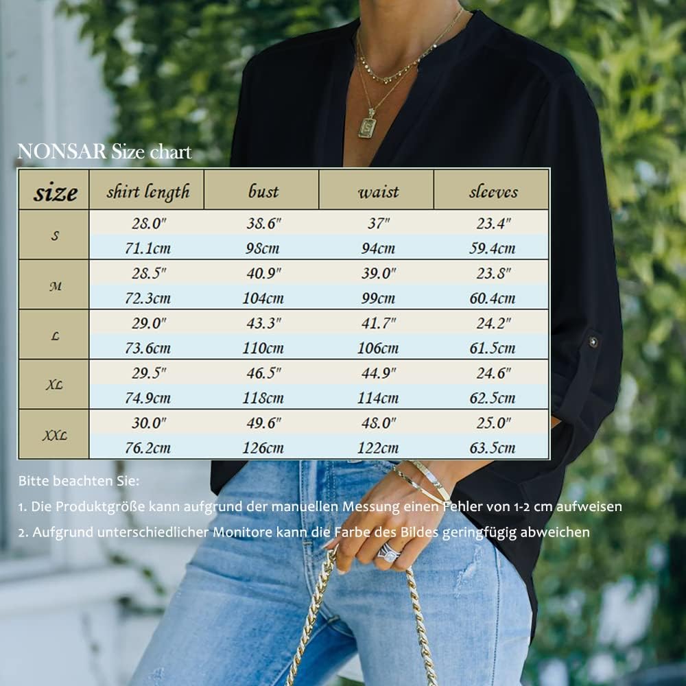 Detalle de NONSAR chemisier élégant à col en V pour femme à manches enroulables (Henley)