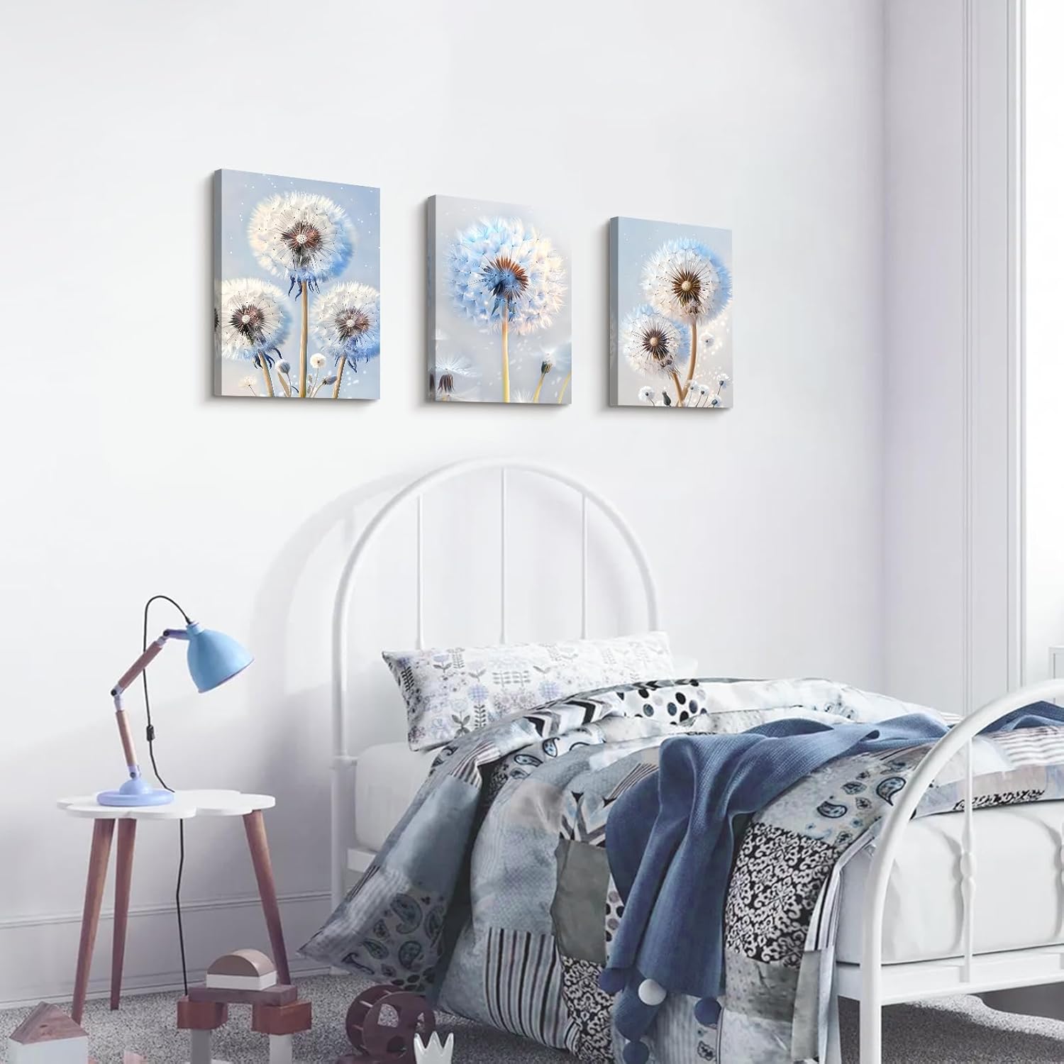 Thumbnail 4 de 3-panel Blue & White Dandelion Canvas Wall Art (30x40cm x 3) – Minimalist Natural Plants Framed Set