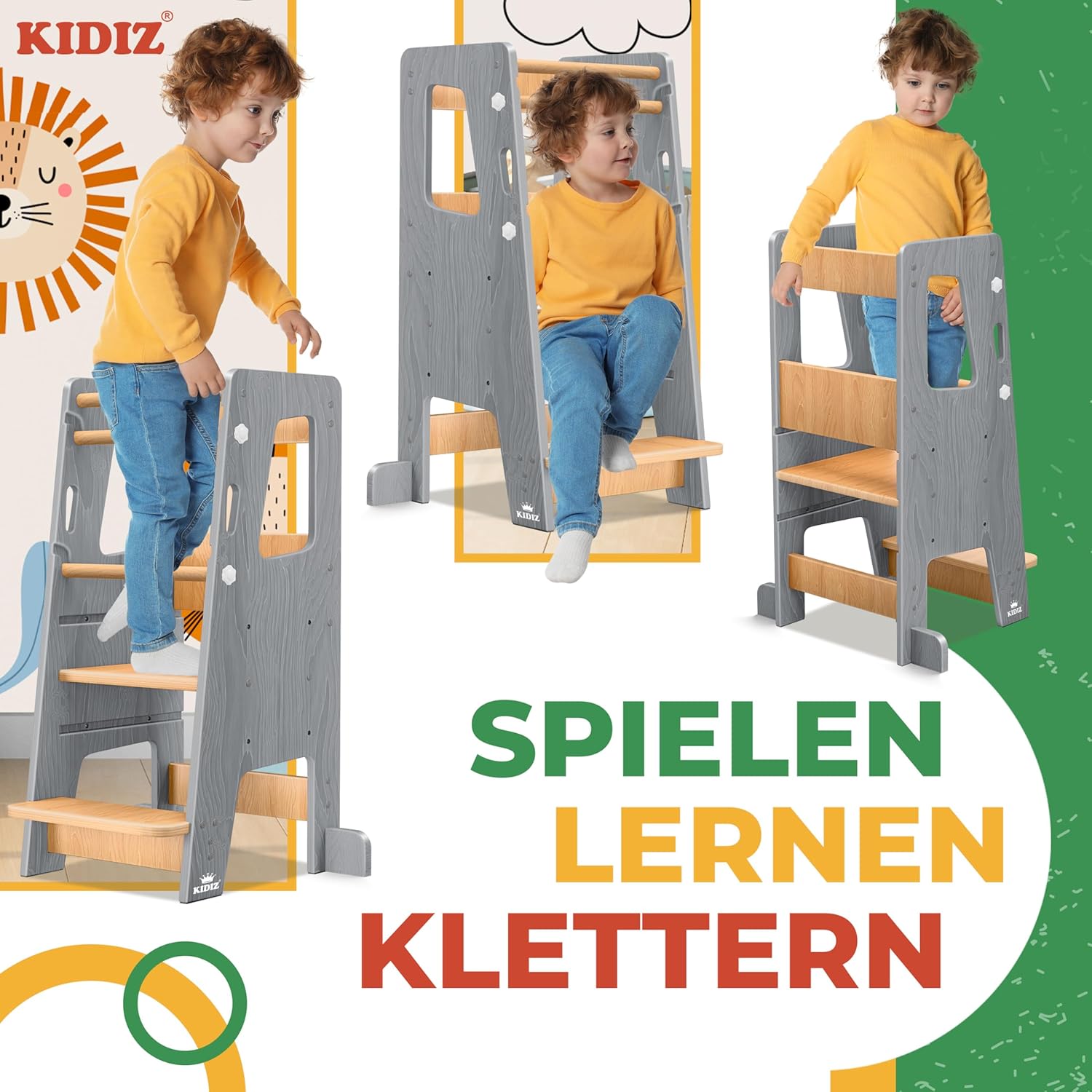 Thumbnail 4 de KIDIZ Lernturm für Kinder ab 1 Jahr inkl. Lernuhr – höhenverstellbarer Montessori Learning Tower aus Kiefernholz