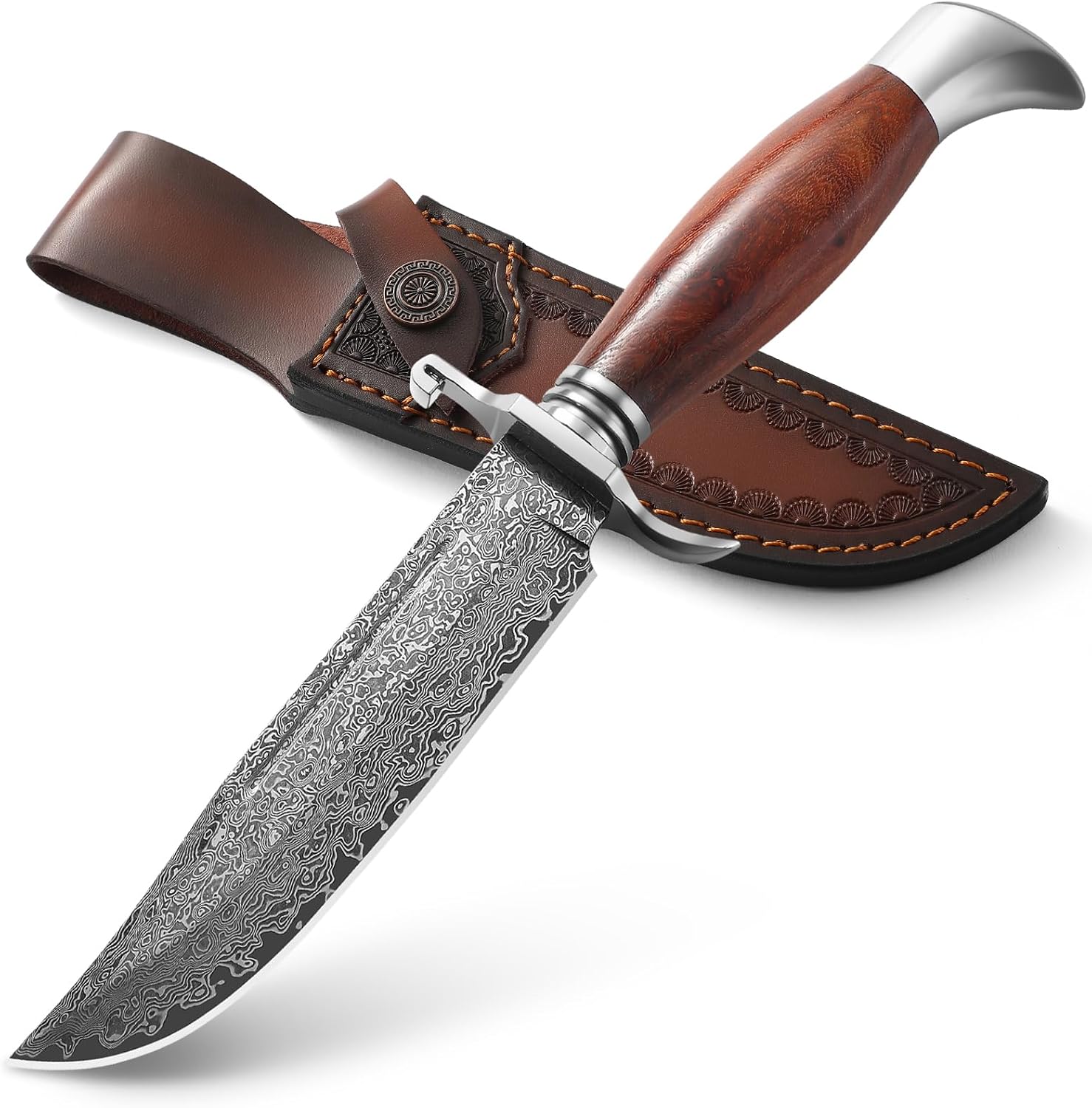 Detalle de DRACHENADER W-S-Damas Damascus Fixed-Blade Hunting Knife with Wood Handle