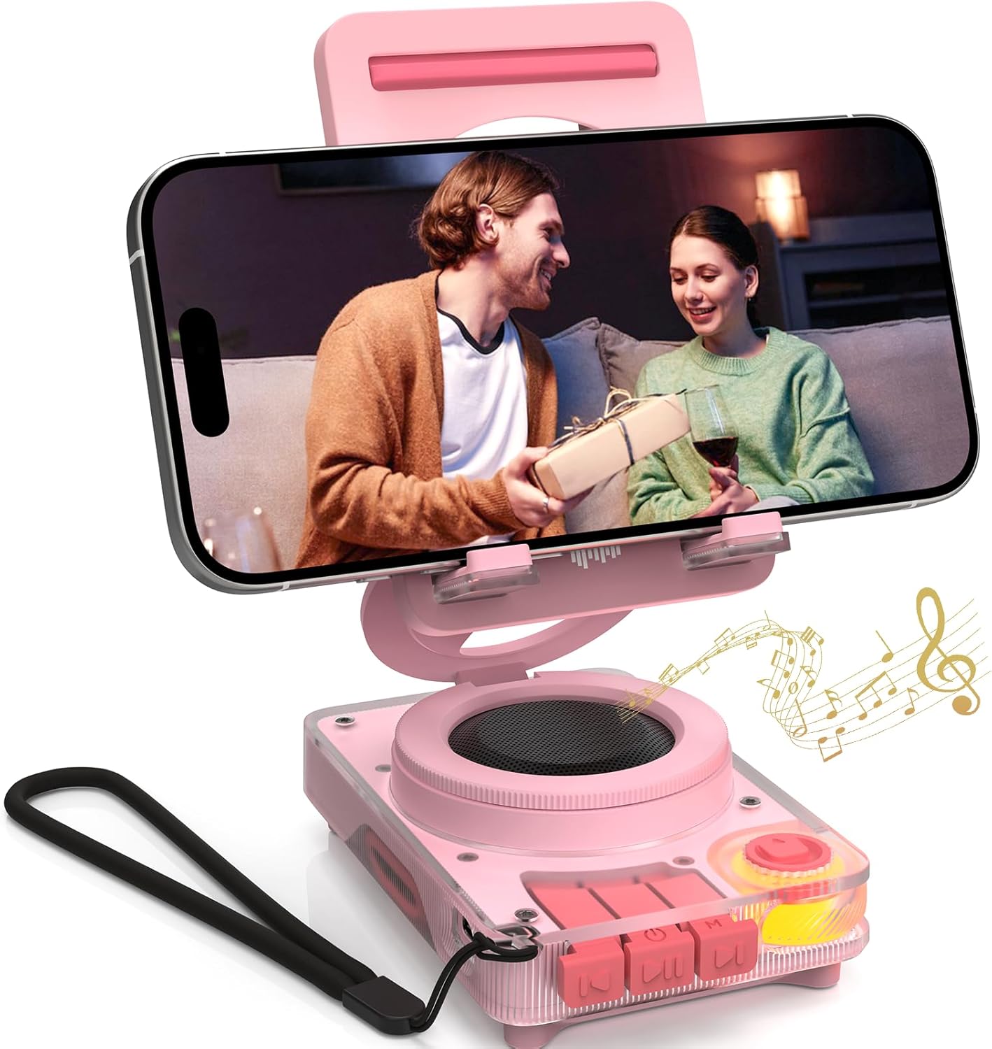 ANCwear Smartphone-Halter mit Bluetooth-Lautsprecher – 5W Klang, microSD-Musik, verstellbarer Ständer (Weiches Rosa)