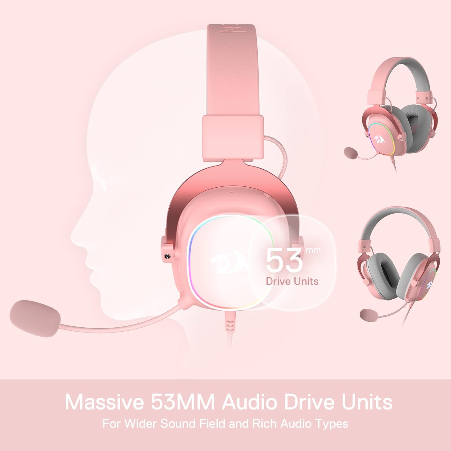 Detalle 2 de Redragon H510 Zeus Gaming-Headset – 7.1 Surround-Sound, 53 mm Treiber, Stoffbezug, RGB, rosa