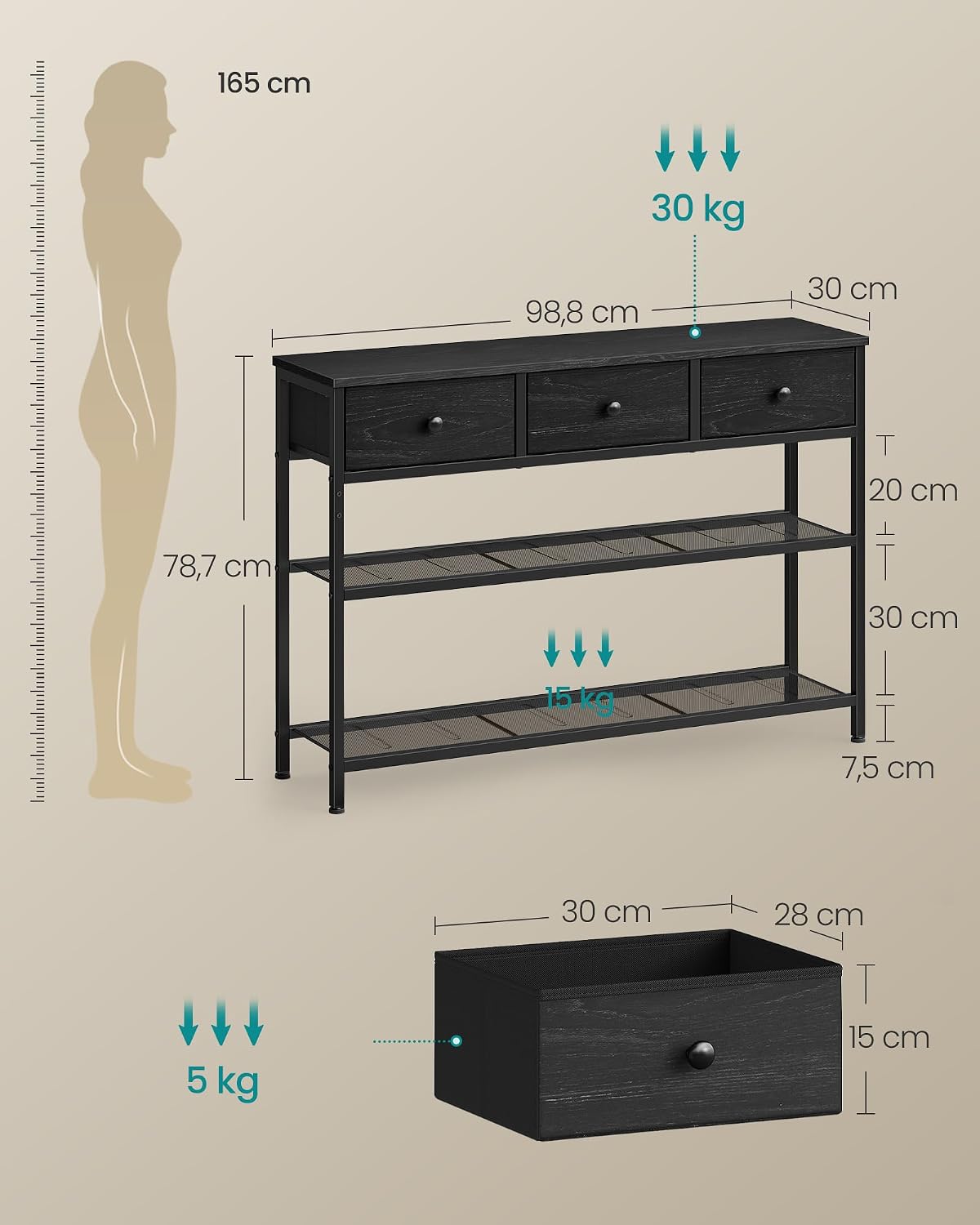 Detalle de SONGMICS LGS098B201 BELLAH consoletafel met 3 stoffen lades en 2 gaasplanken