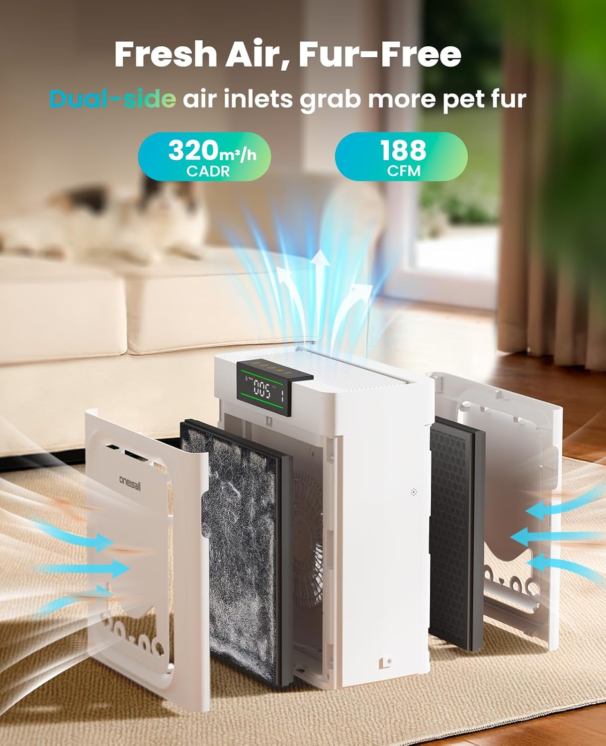 Thumbnail 1 de oneisall Pet Air Purifier PP02 for large rooms (CADR 320 m³/h) with washable double-sided filter