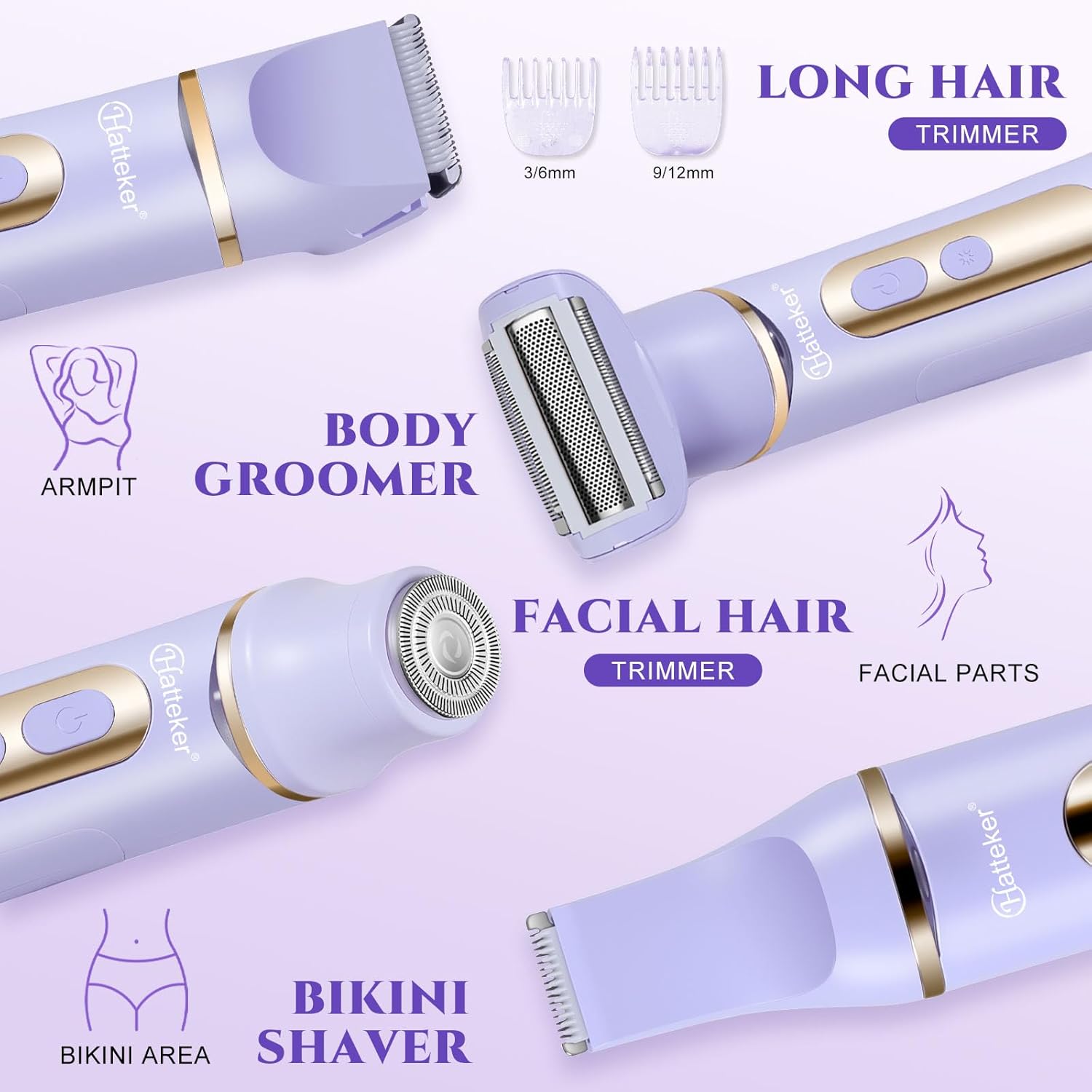 Detalle de 4-in-1 Lady Shaver Women Electric Razor Body Trimmer – IPX7 Waterproof, 4 Head Kit (Purple)