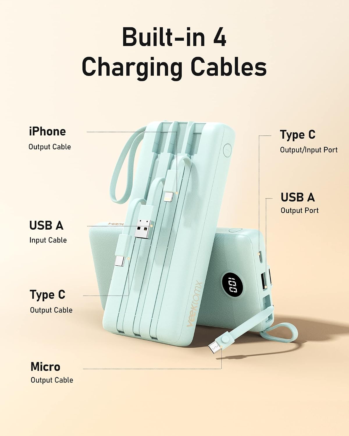 Detalle de VEEKTOMX Power Bank 20000mAh con cavi