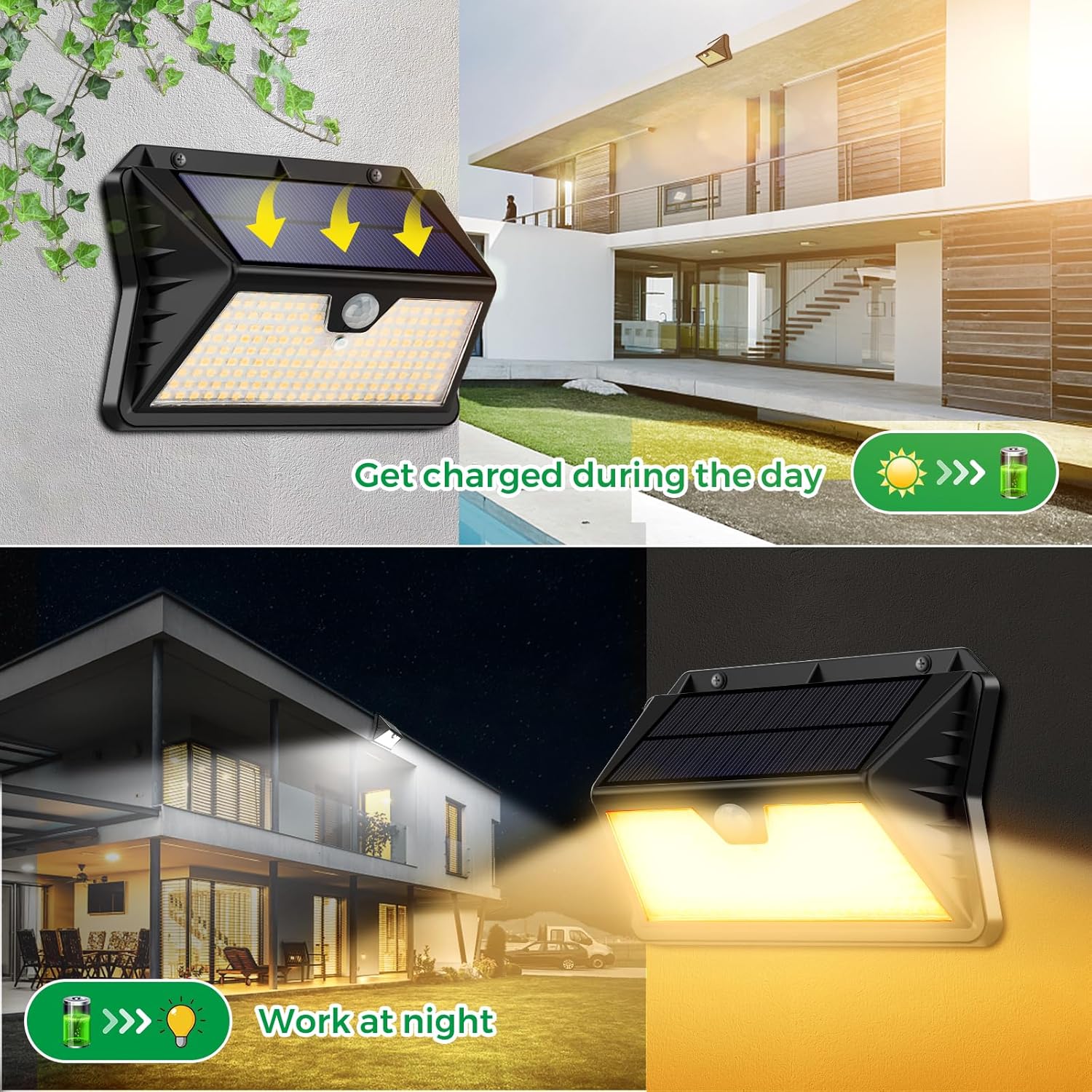 Thumbnail 4 de OUILA Faro LED da esterno con pannello solare, 4 pezzi, 185 LED e sensore di movimento (IP65, bianco caldo)