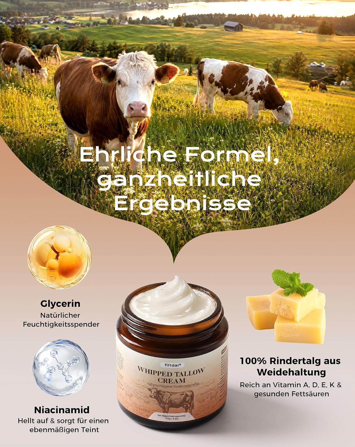 Detalle de Beef Tallow Creme – 100% grasgefütterter Rindertalg mit Niacinamid, 120 g