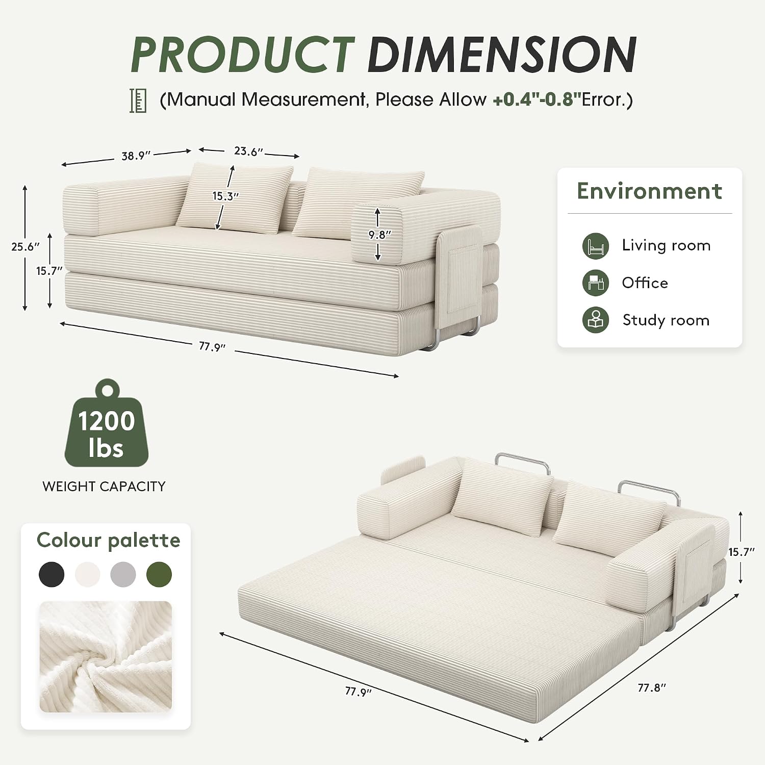 Thumbnail 2 de GRUSIGN SF-CYL 78-Inch Convertible Futon Sofa Bed, Beige Corduroy