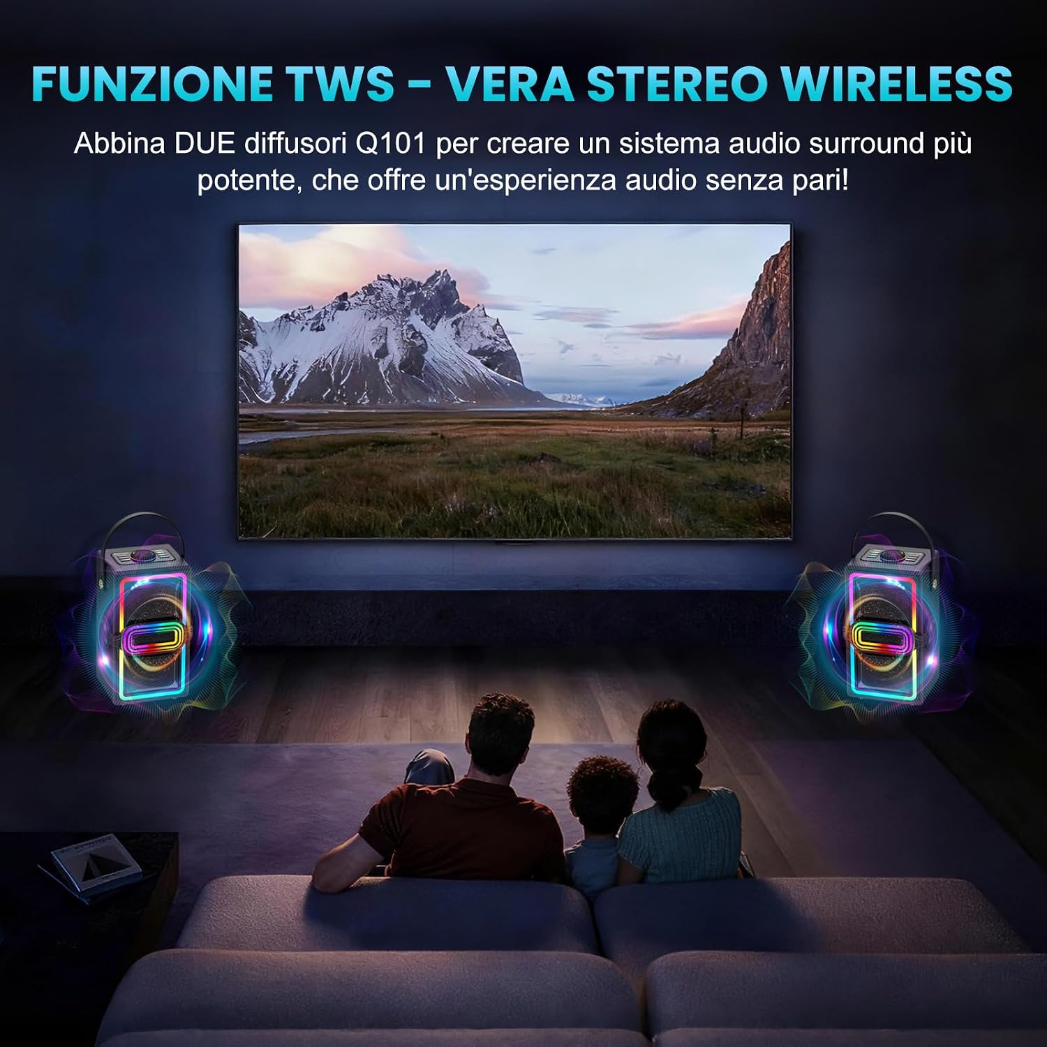 Detalle de TAMPROAD Q101: Altoparlante Bluetooth 120 W con TWS, legno e luci LED per feste all'aperto