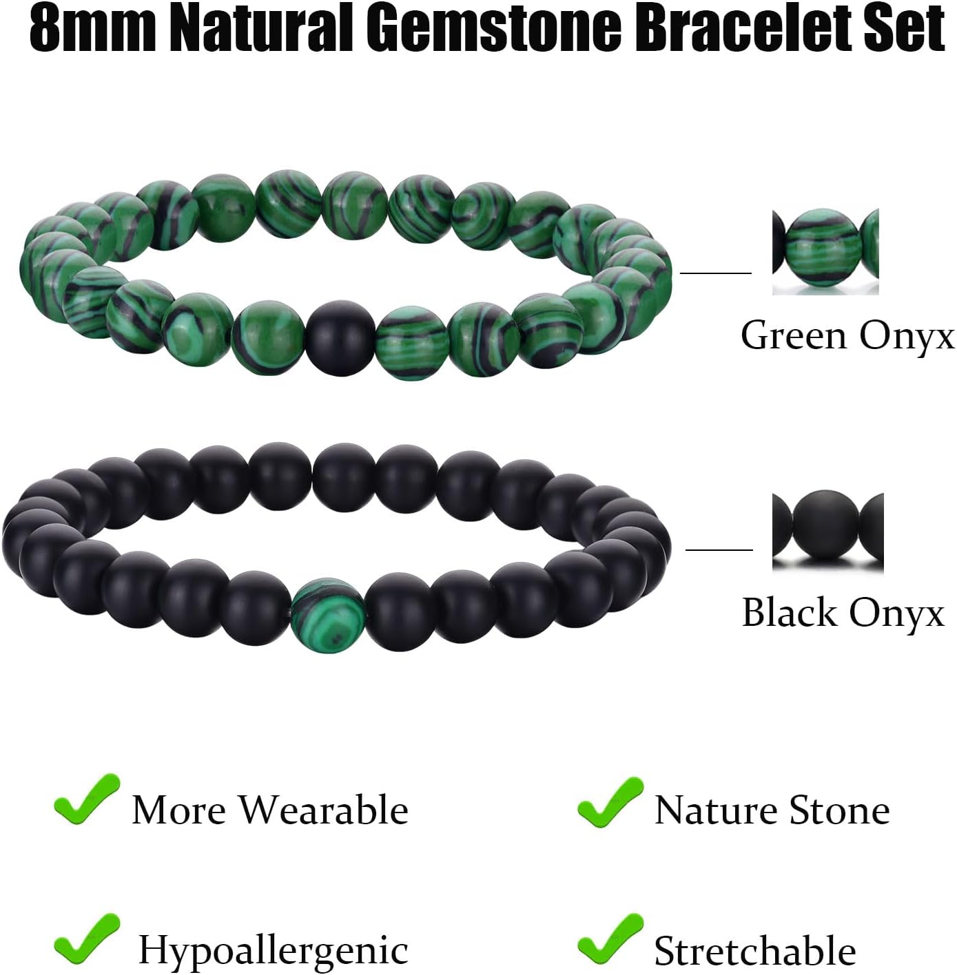 Thumbnail 2 de RANKEEF Perlenarmband Herren-Set mit 8-mm-Kristall- und Edelsteinperlen (Stretch, verstellbar, schwarz) – 3 oder 5 Stück