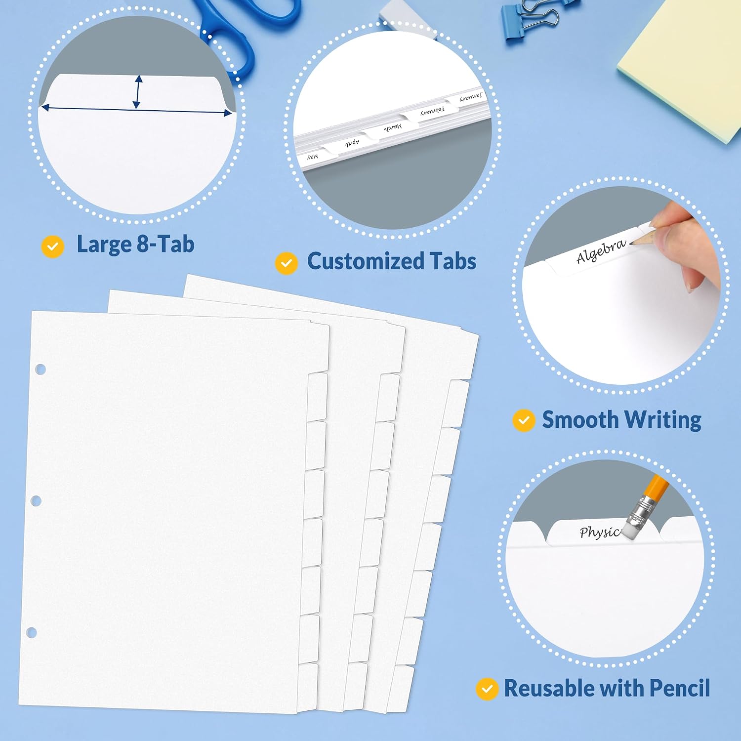 Detalle 2 de SUNEE White Tab -12 Set Binder Dividers, Letter Size, 8 Tabs, 96 Count