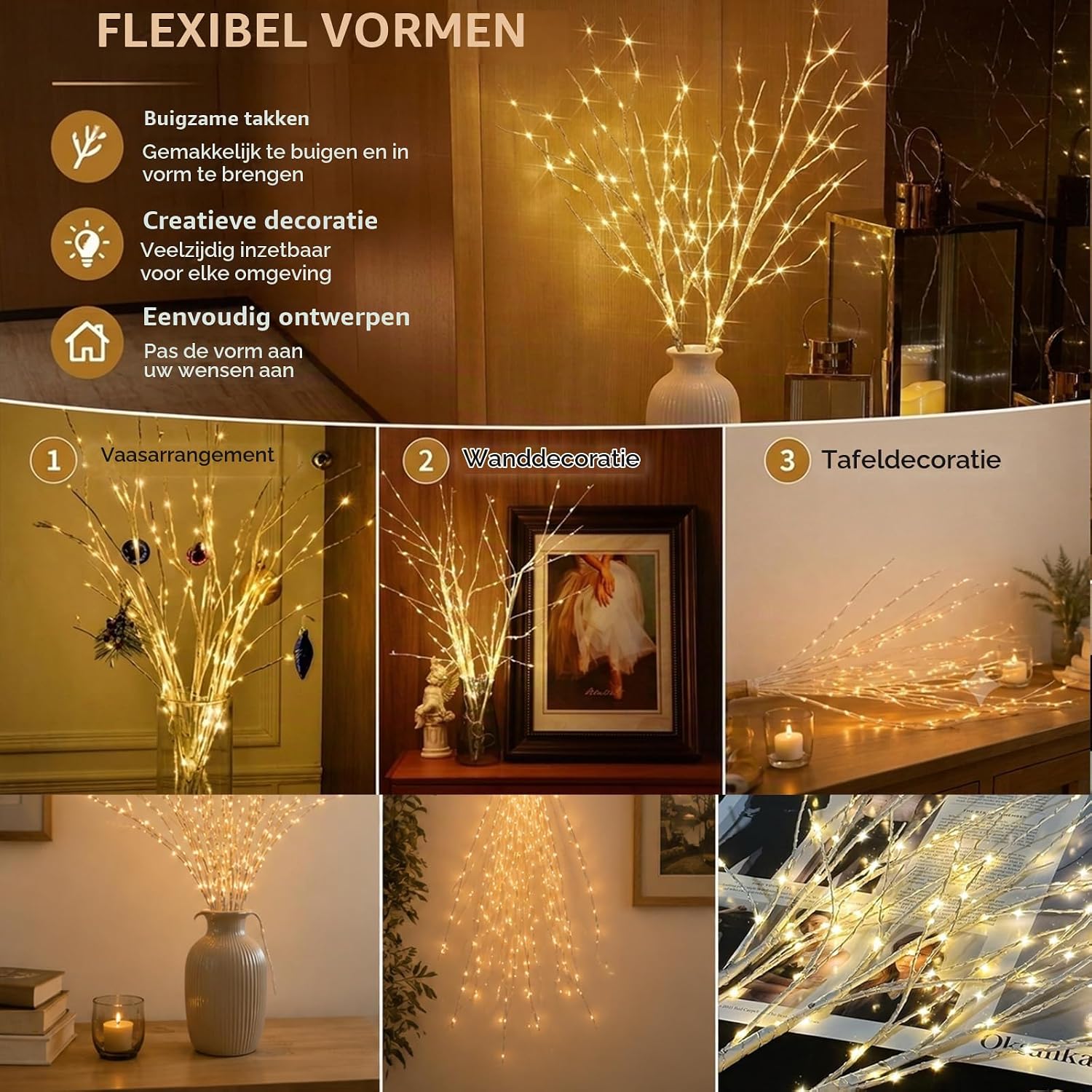 Detalle 1 de Afaiup XRD-01 set van 2 led-berkentakken, 70 cm, 132 warmwitte leds